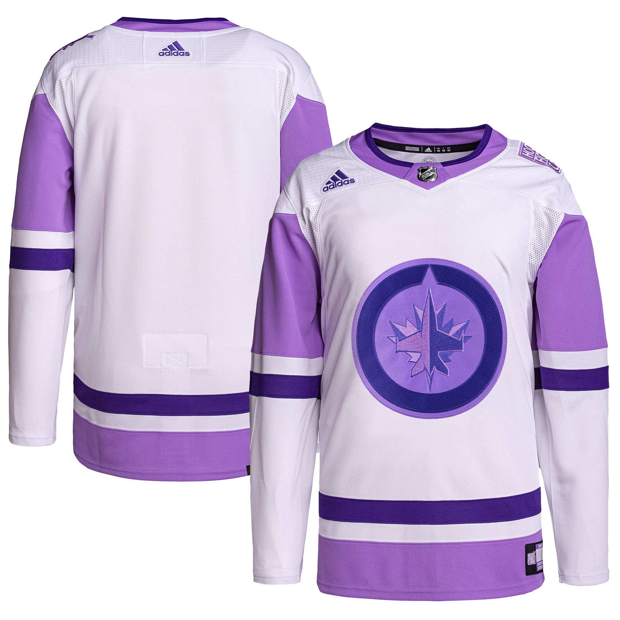 Winnipeg Jets adidas Hockey Fights Cancer Primegreen Authentic Blank Practice Jersey - White/Purple - vstockx