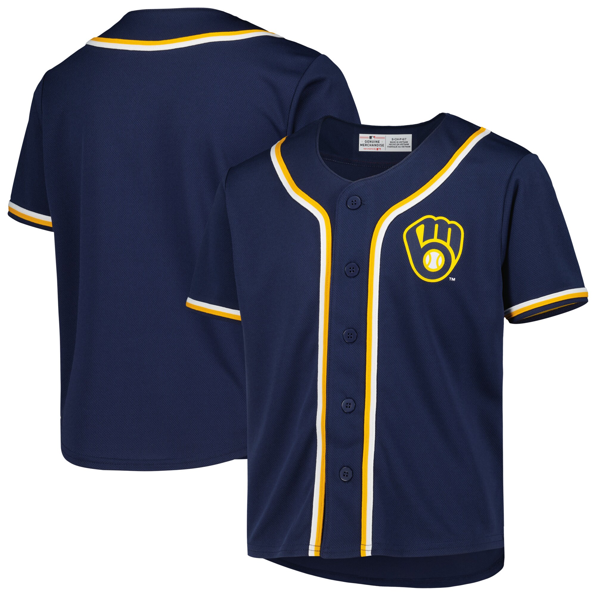 Youth Navy Milwaukee Brewers Full-Button Replica Jersey - vstockx