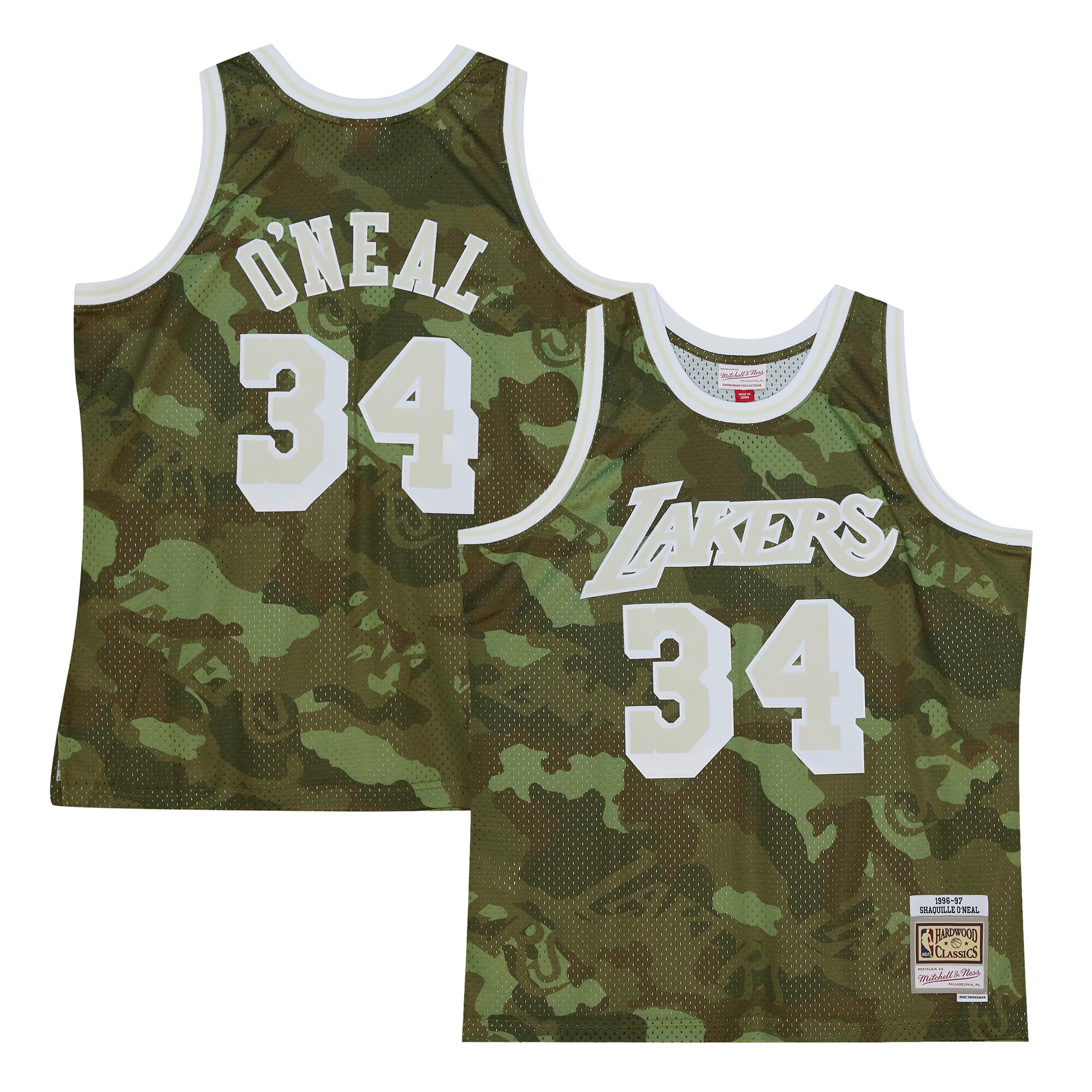 Shaquille O'Neal Los Angeles Lakers Mitchell & Ness Hardwood Classics 1996/97 Ghost Green Swingman Jersey - Camo - vstockx