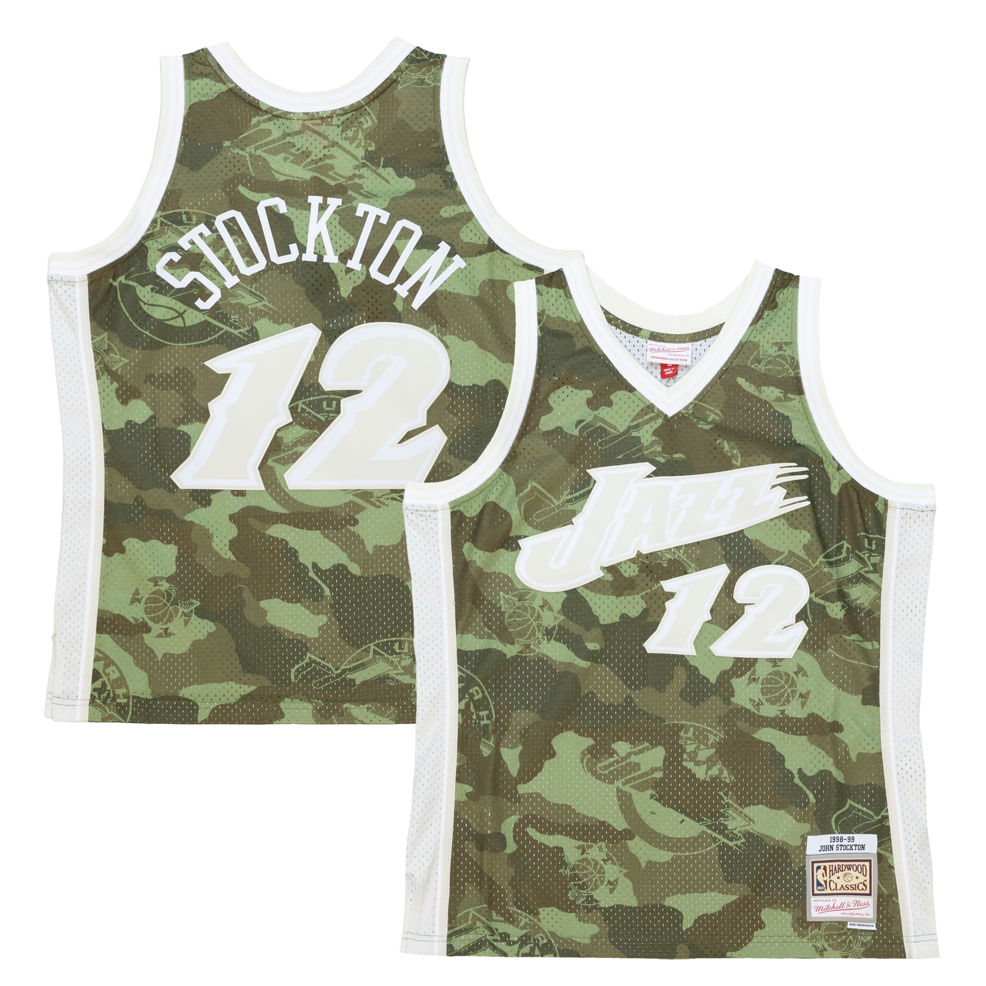John Stockton Utah Jazz Mitchell & Ness Hardwood Classics 1998/99 Ghost Green Swingman Jersey - Camo - vstockx