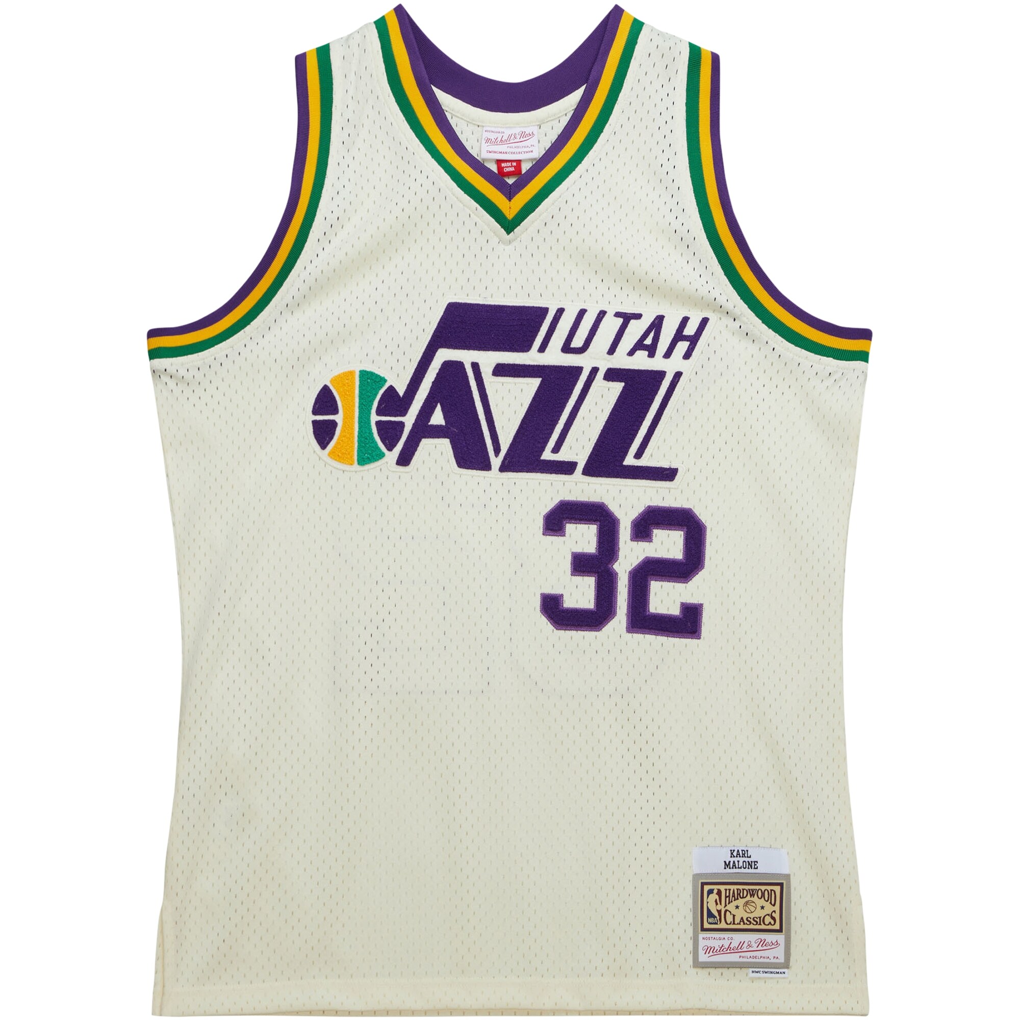 Karl Malone Utah Jazz Mitchell & Ness Chainstitch Swingman Jersey - Cream - vstockx