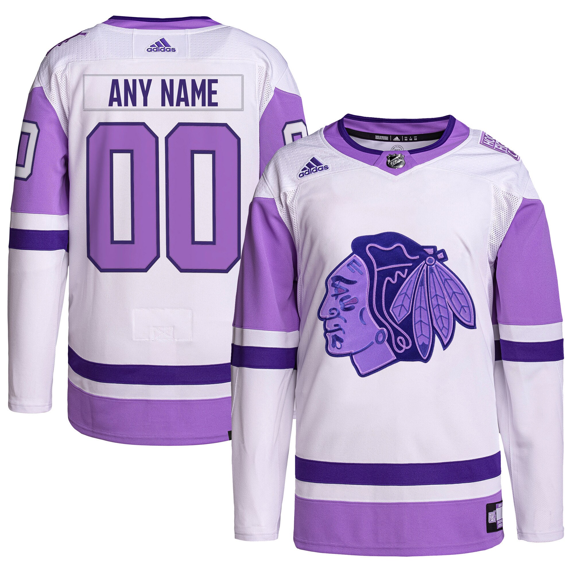 Chicago Blackhawks adidas Hockey Fights Cancer Primegreen Authentic Custom Jersey - White/Purple - vstockx