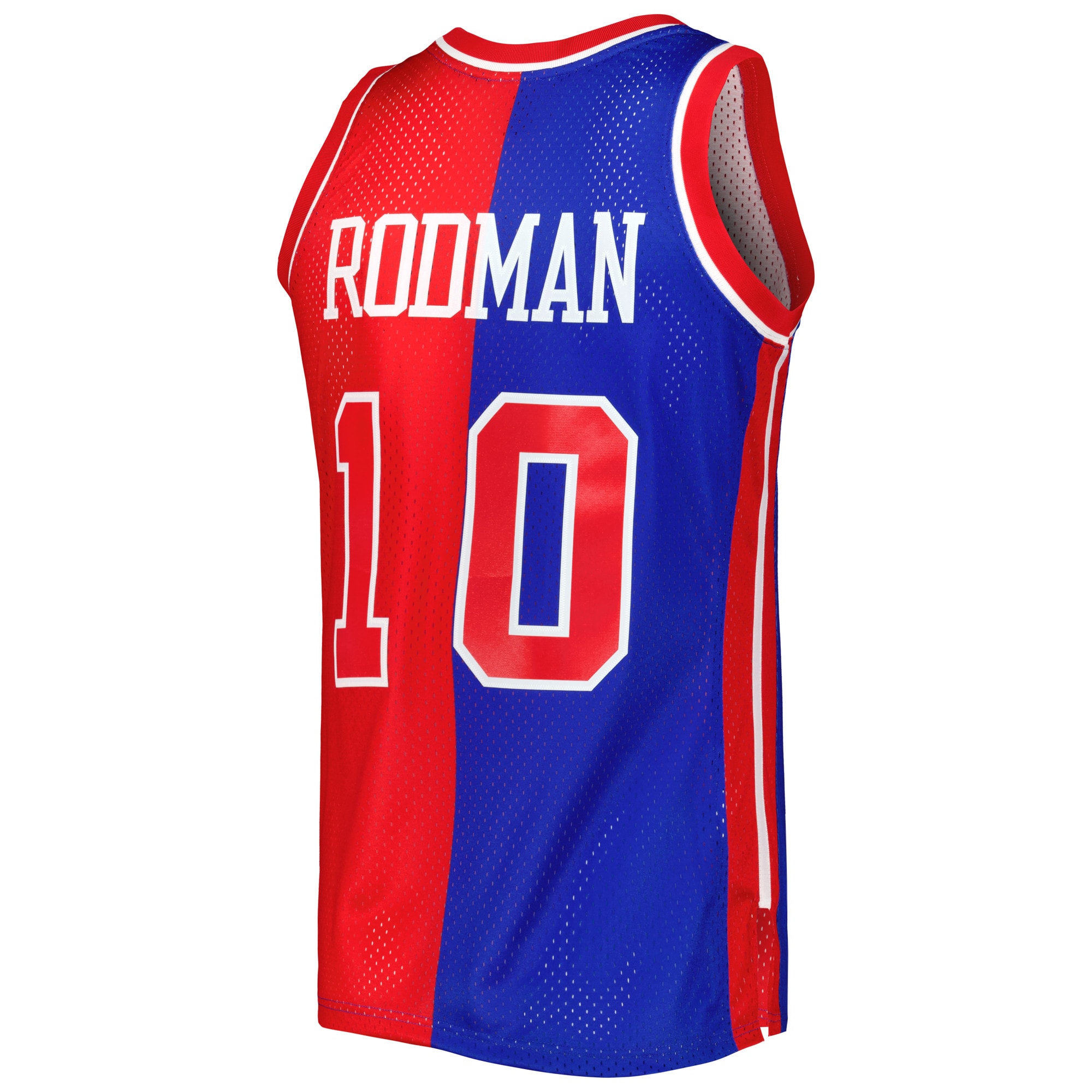 Dennis Rodman Detroit Pistons Mitchell & Ness Hardwood Classics 1988/89 Split Swingman Jersey - Blue/Red - vstockx