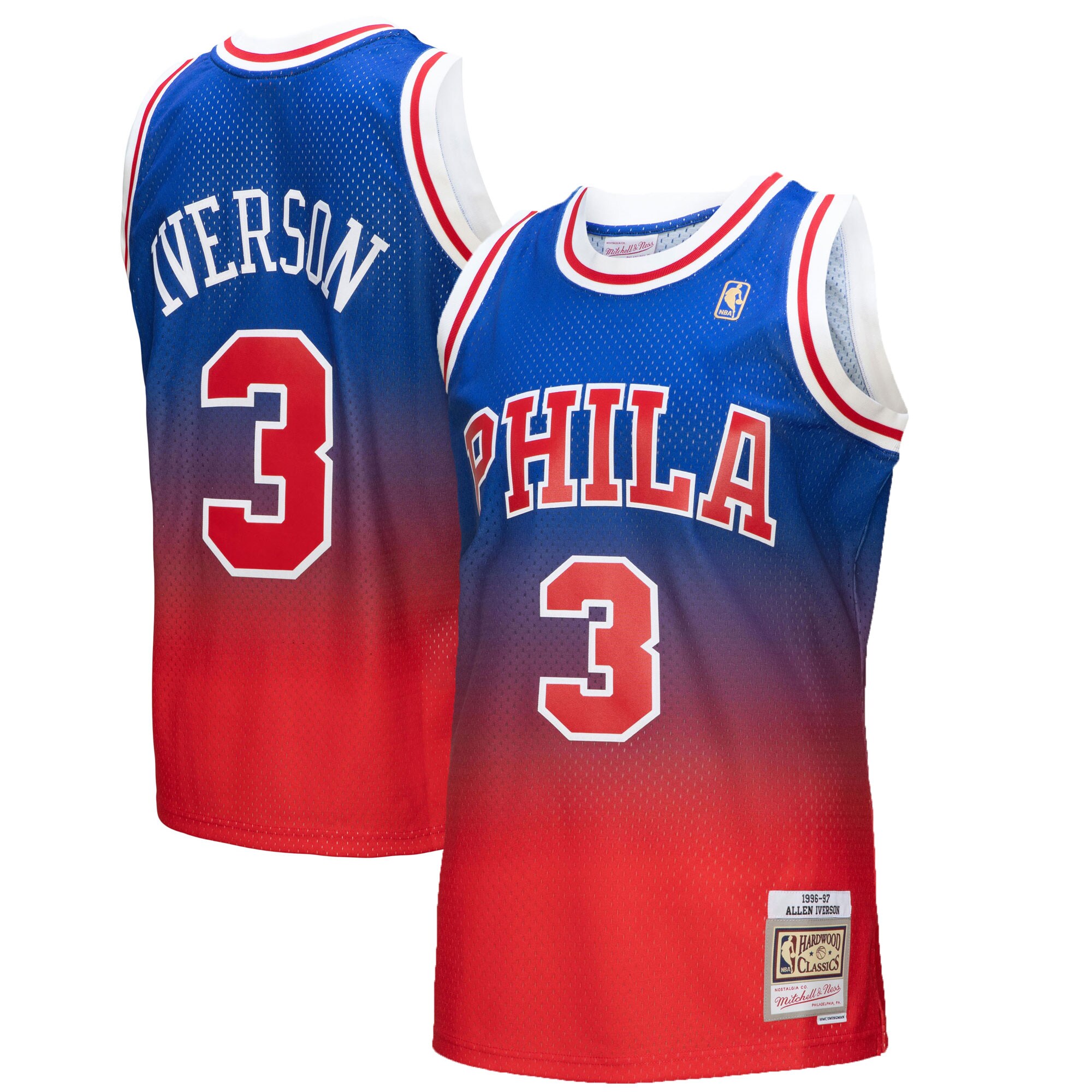 Allen Iverson Philadelphia 76ers Mitchell & Ness 1996/97 Hardwood Classics Fadeaway Swingman Player Jersey - Red/Royal - vstockx