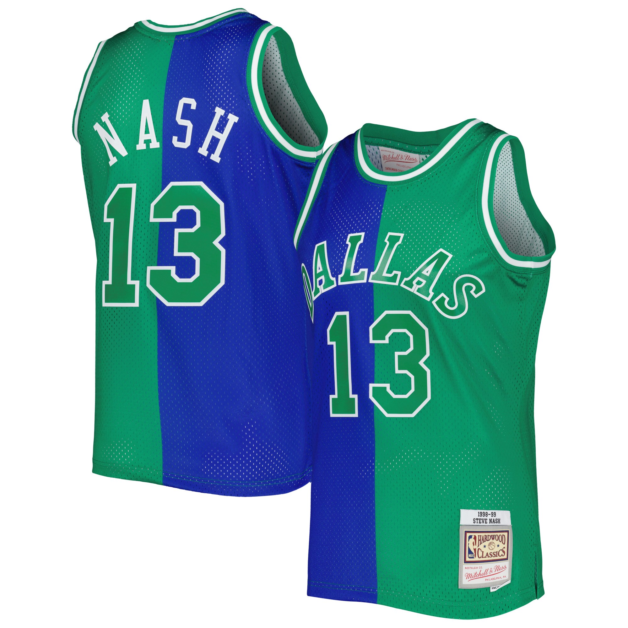 Steve Nash Dallas Mavericks Mitchell & Ness Hardwood Classics 1998/99 Split Swingman Jersey - Blue/Green - vstockx
