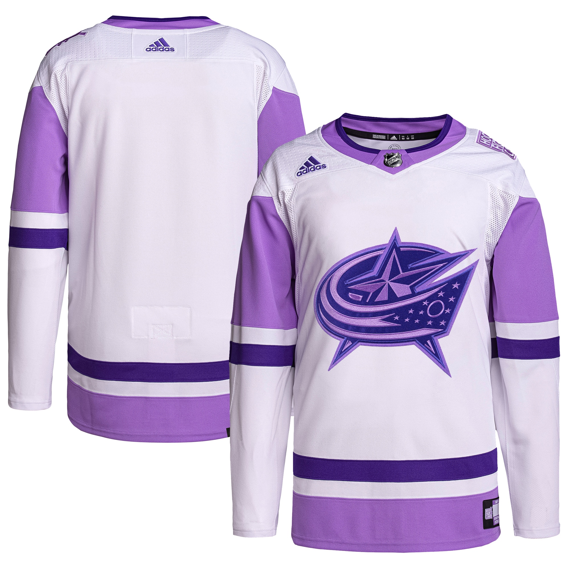 Columbus Blue Jackets adidas Hockey Fights Cancer Primegreen Authentic Blank Practice Jersey - White/Purple - vstockx