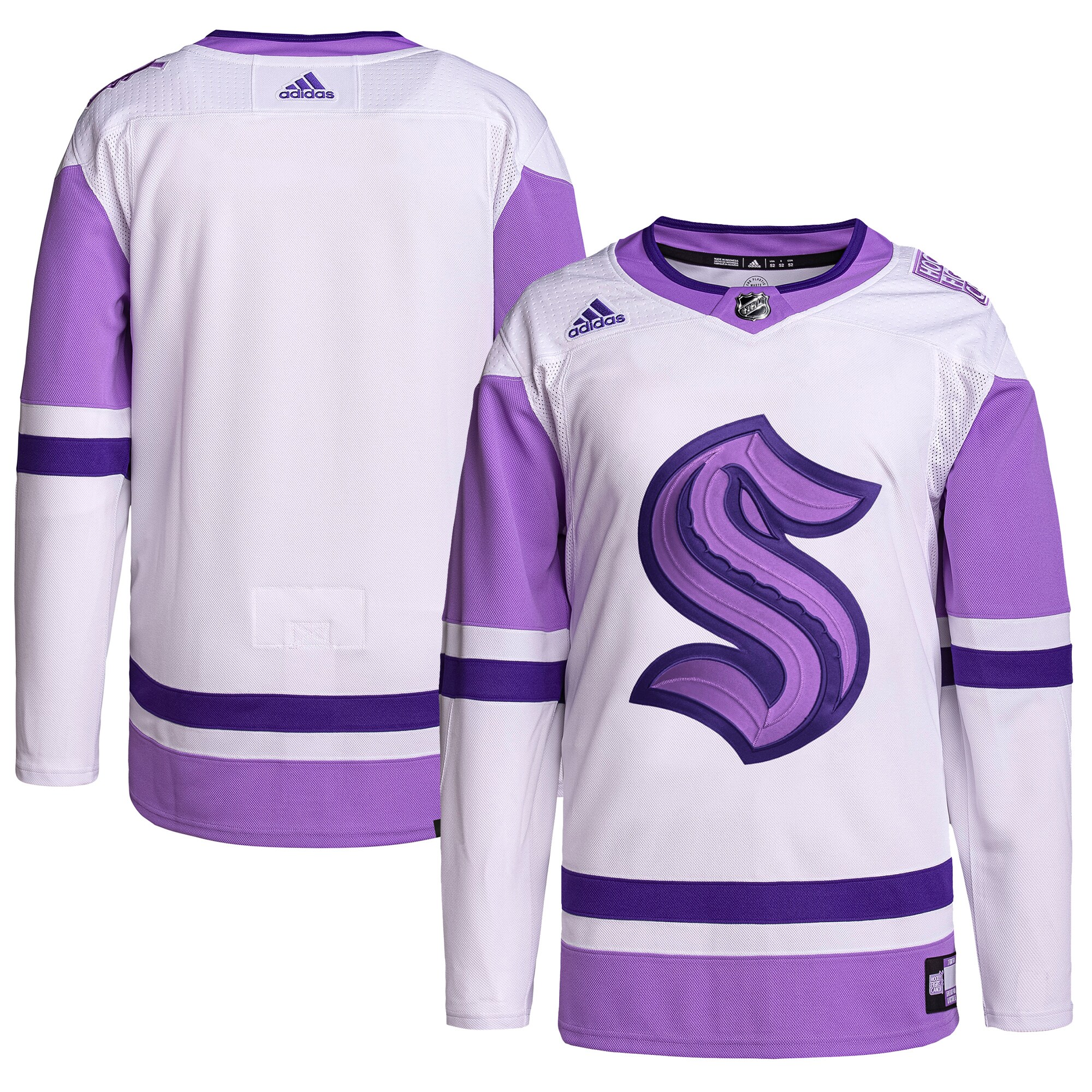 Seattle Kraken adidas Hockey Fights Cancer Primegreen Authentic Blank Practice Jersey - White/Purple - vstockx