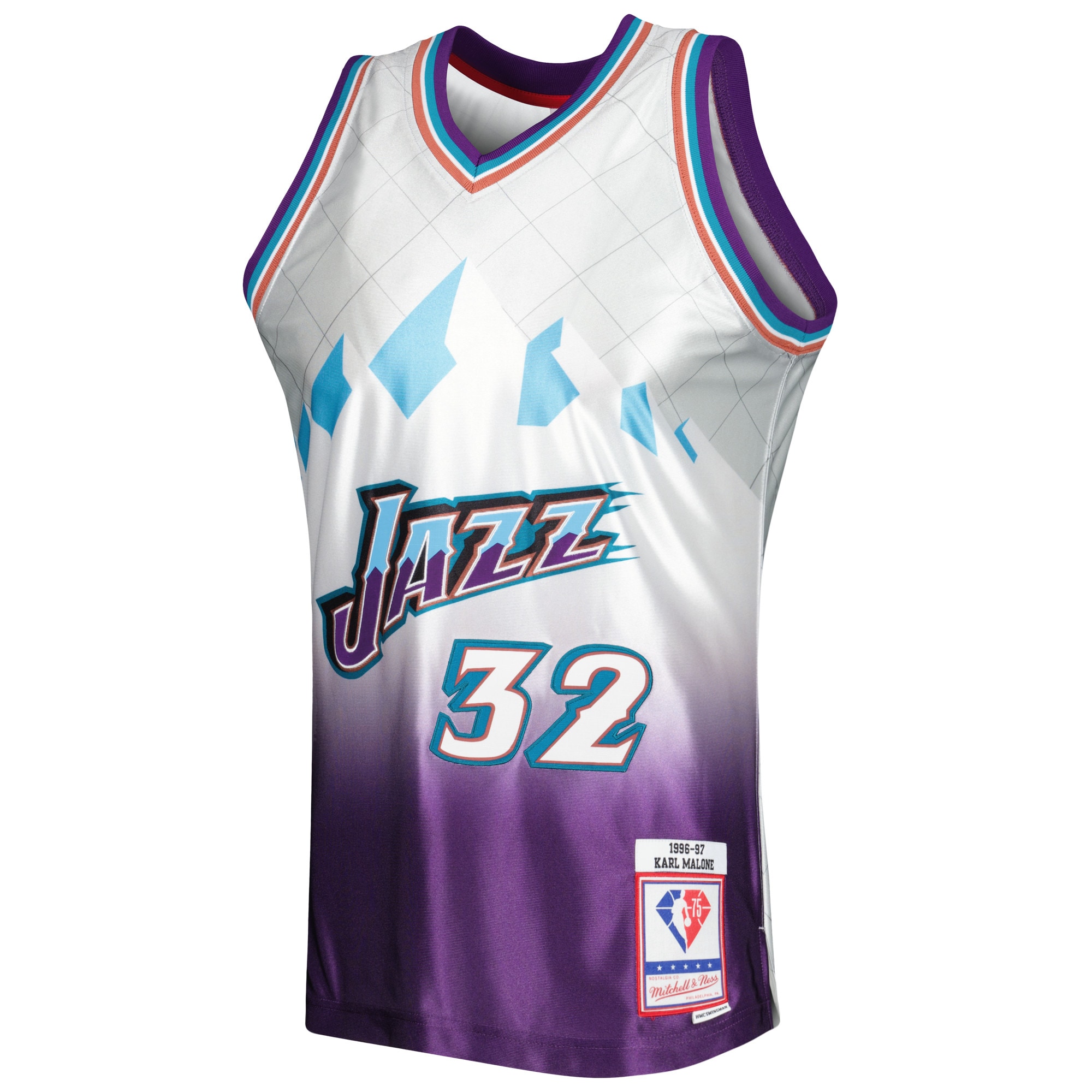 Karl Malone Utah Jazz Mitchell & Ness 1996/97 Hardwood Classics 75th Anniversary Swingman Jersey - Platinum - vstockx