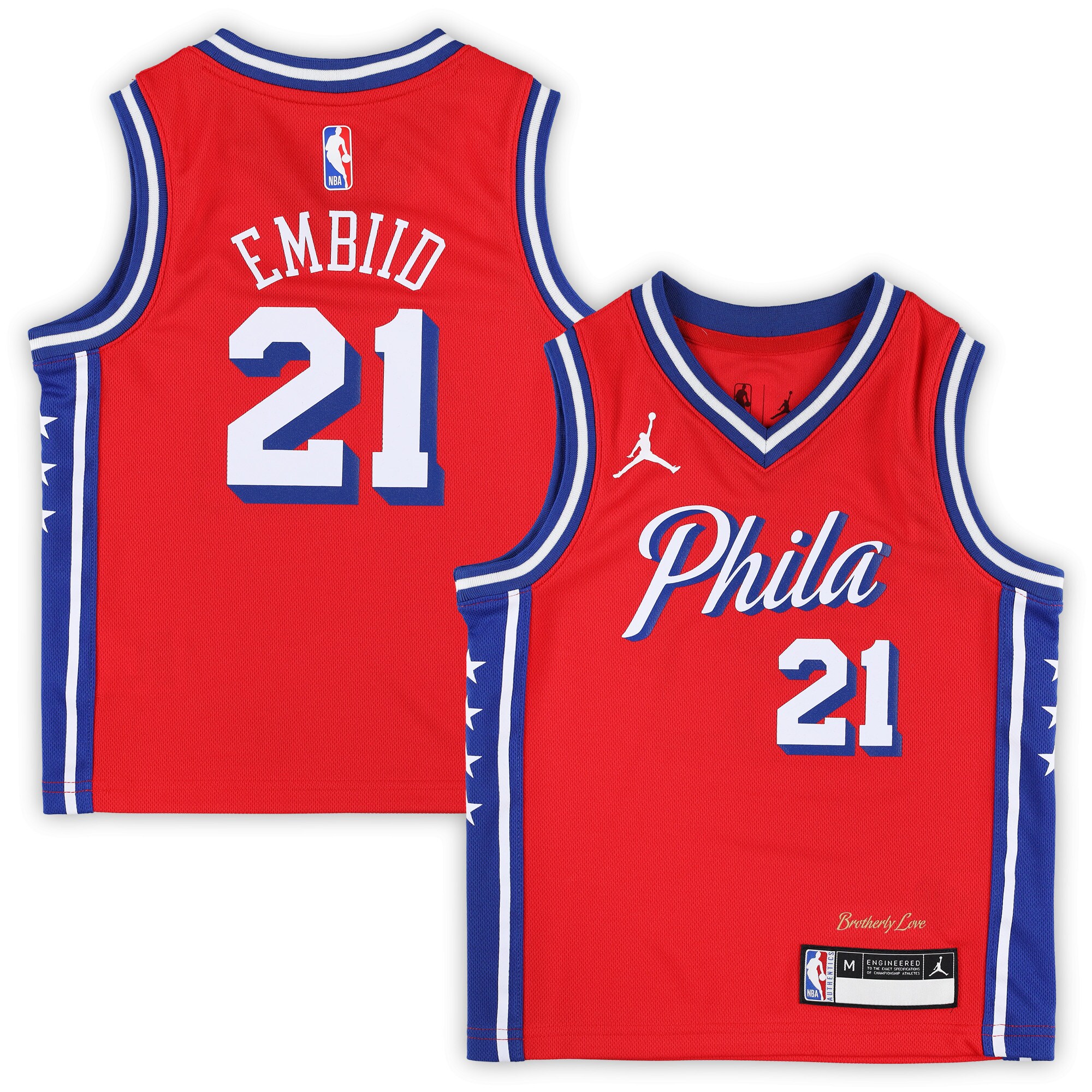 Joel Embiid Philadelphia 76ers Jordans Brand Preschool 2022/23 Replica Jersey - Statement Edition - Red - vstockx