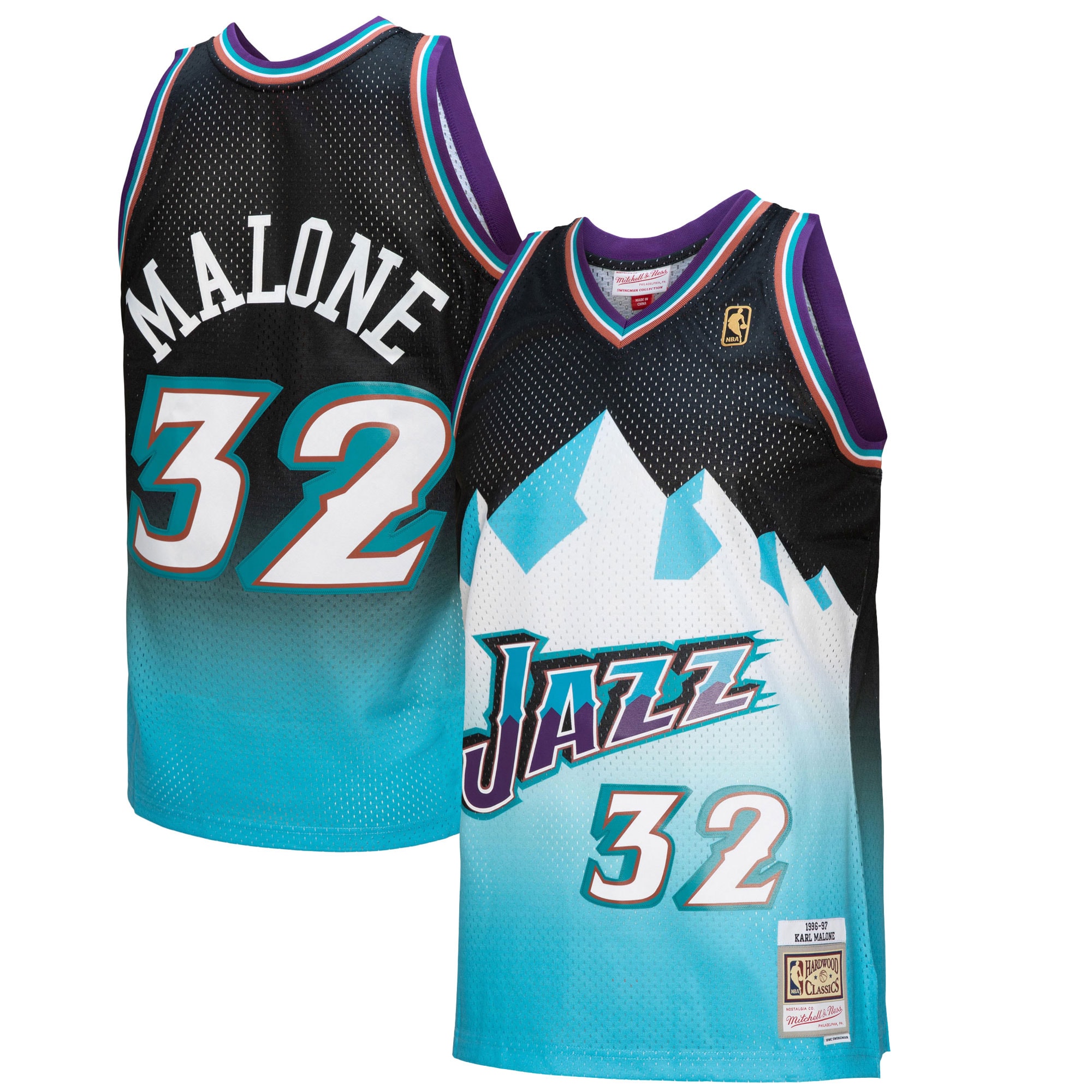 Karl Malone Utah Jazz Mitchell & Ness 1996/97 Hardwood Classics Fadeaway Swingman Player Jersey - Black/Light Blue - vstockx