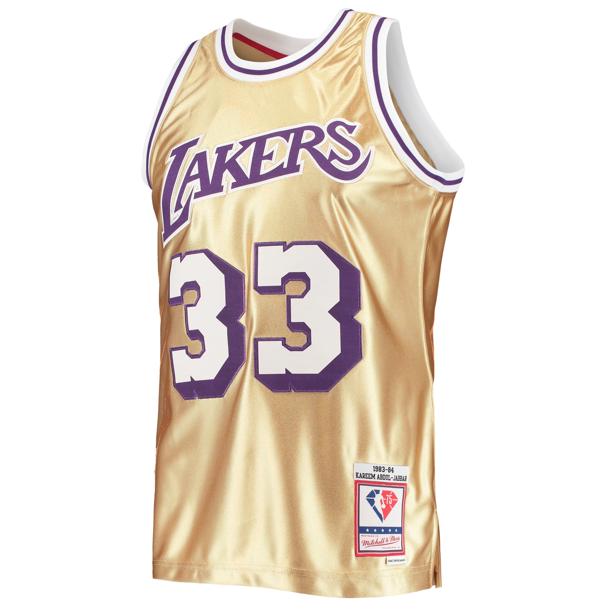Kareem Abdul-Jabbar Los Angeles Lakers Mitchell & Ness 75th Anniversary 1983/84 Hardwood Classics Swingman Jersey - Gold - vstockx