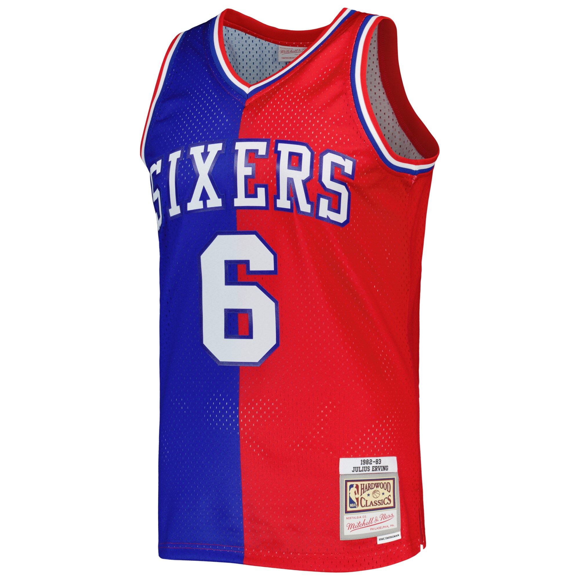 Julius Erving Philadelphia 76ers Mitchell & Ness Hardwood Classics 1982/83 Split Swingman Jersey - Royal/Red - vstockx