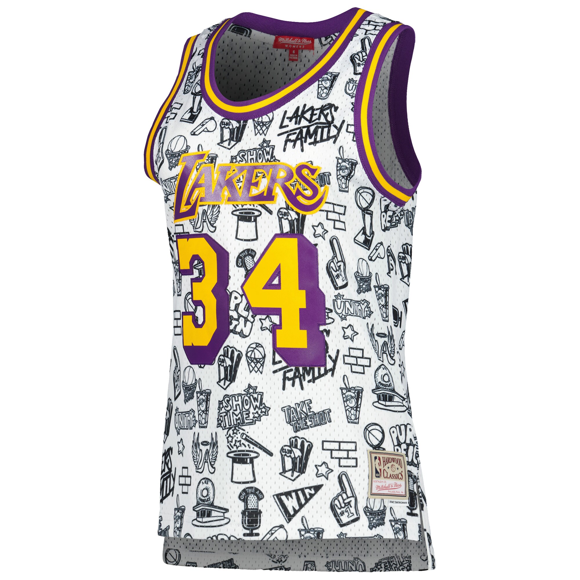 Shaquille O'Neal Los Angeles Lakers Mitchell & Ness Women's 1996 Doodle Swingman Jersey - White - vstockx