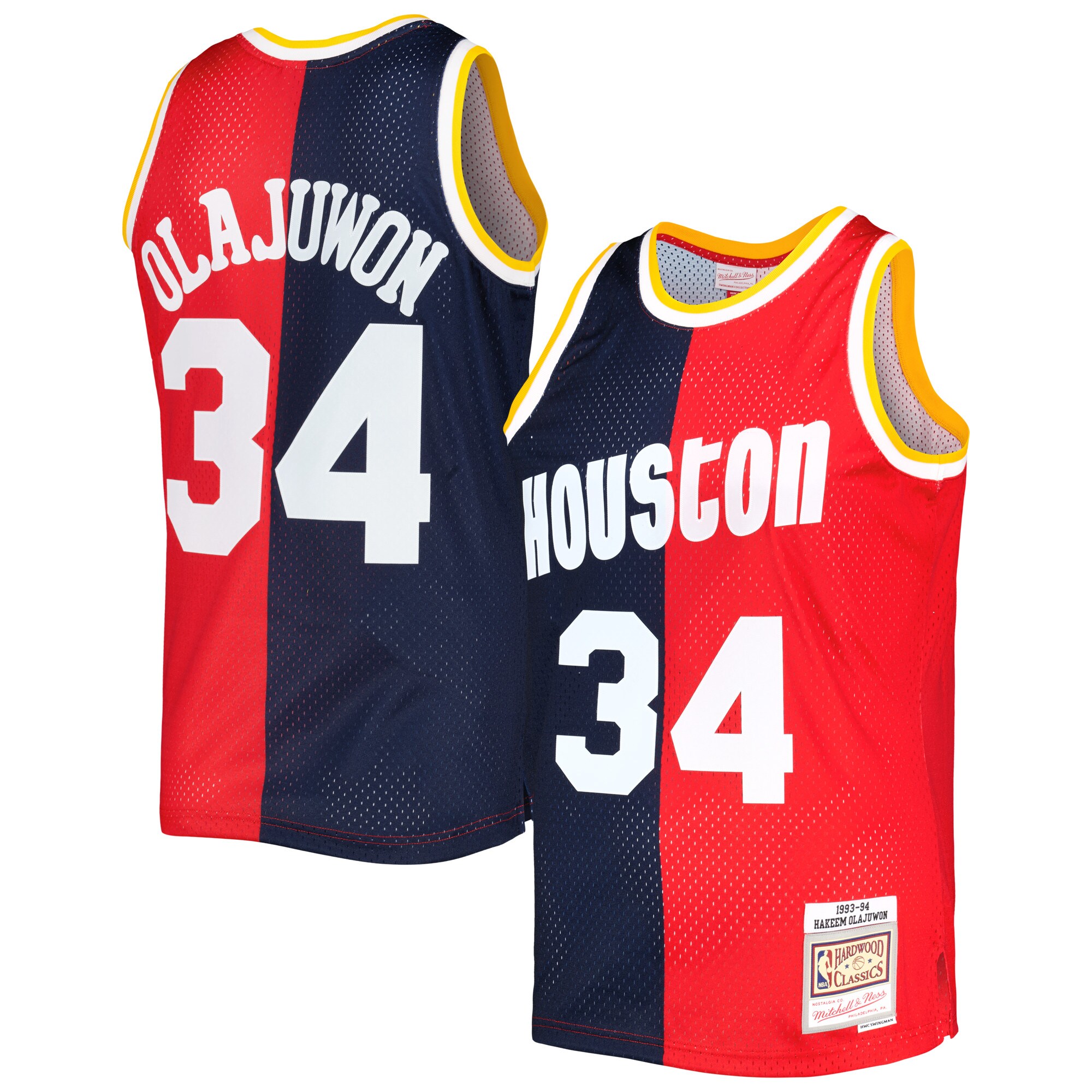Hakeem Olajuwon Houston Rockets Mitchell & Ness Hardwood Classics 1993/94 Split Swingman Jersey - Navy/Red - vstockx