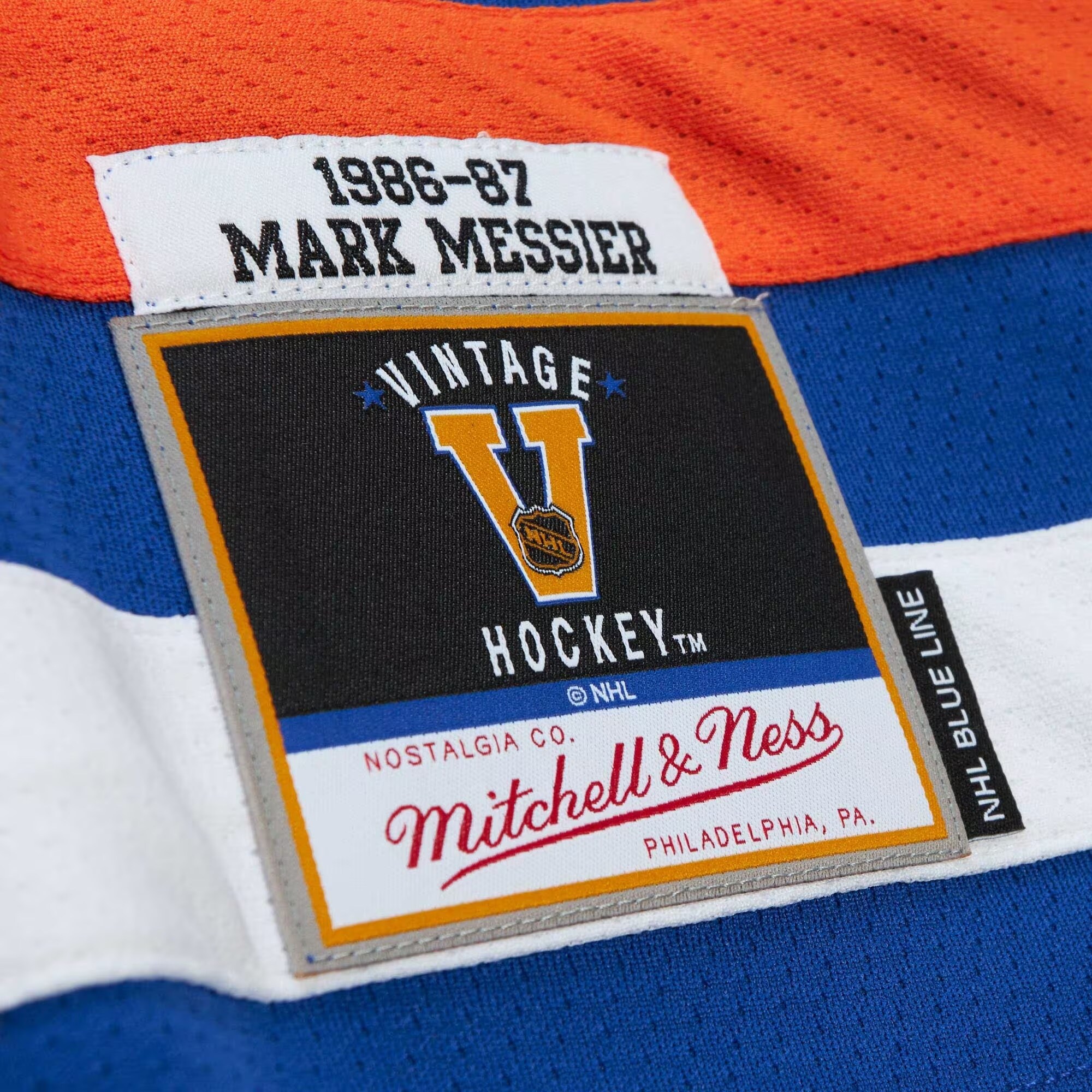 Mark Messier Edmonton Oilers Mitchell & Ness 1986/87 Alternate Captain Patch Blue Line Player Jersey - Royal - vstockx
