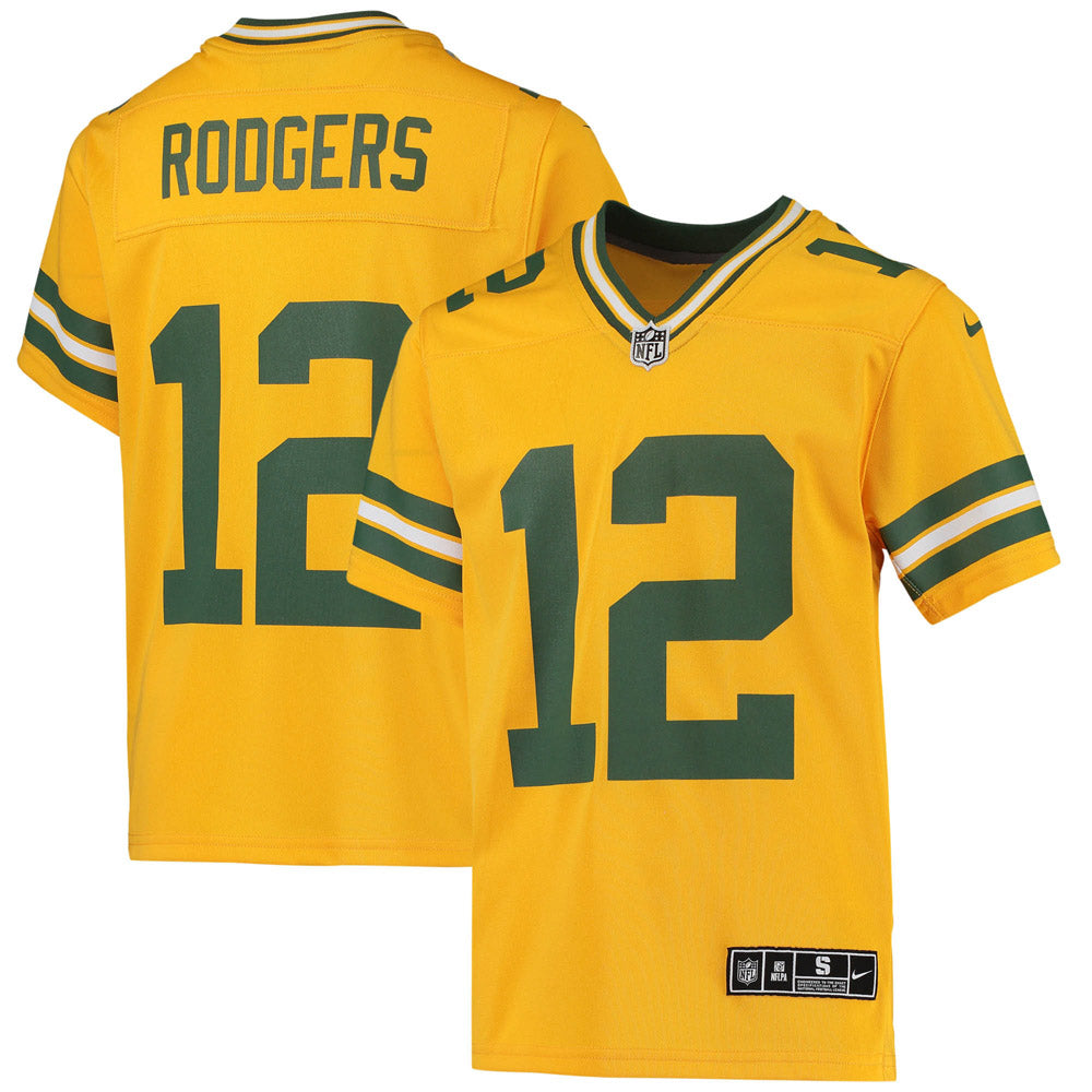 Youth Green Bay Packers Aaron Rodgers Inverted Team Game Jersey Gold - vstockx