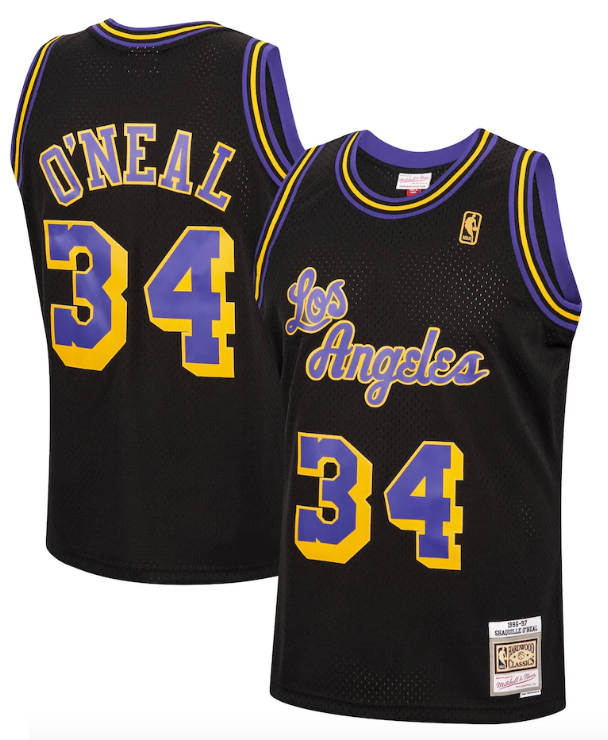 Men's Los Angeles Lakers Shaquille O'Neal Mitchell & Ness Black 1996-97 Hardwood Classics Reload Swingman Jersey-Black - vstockx