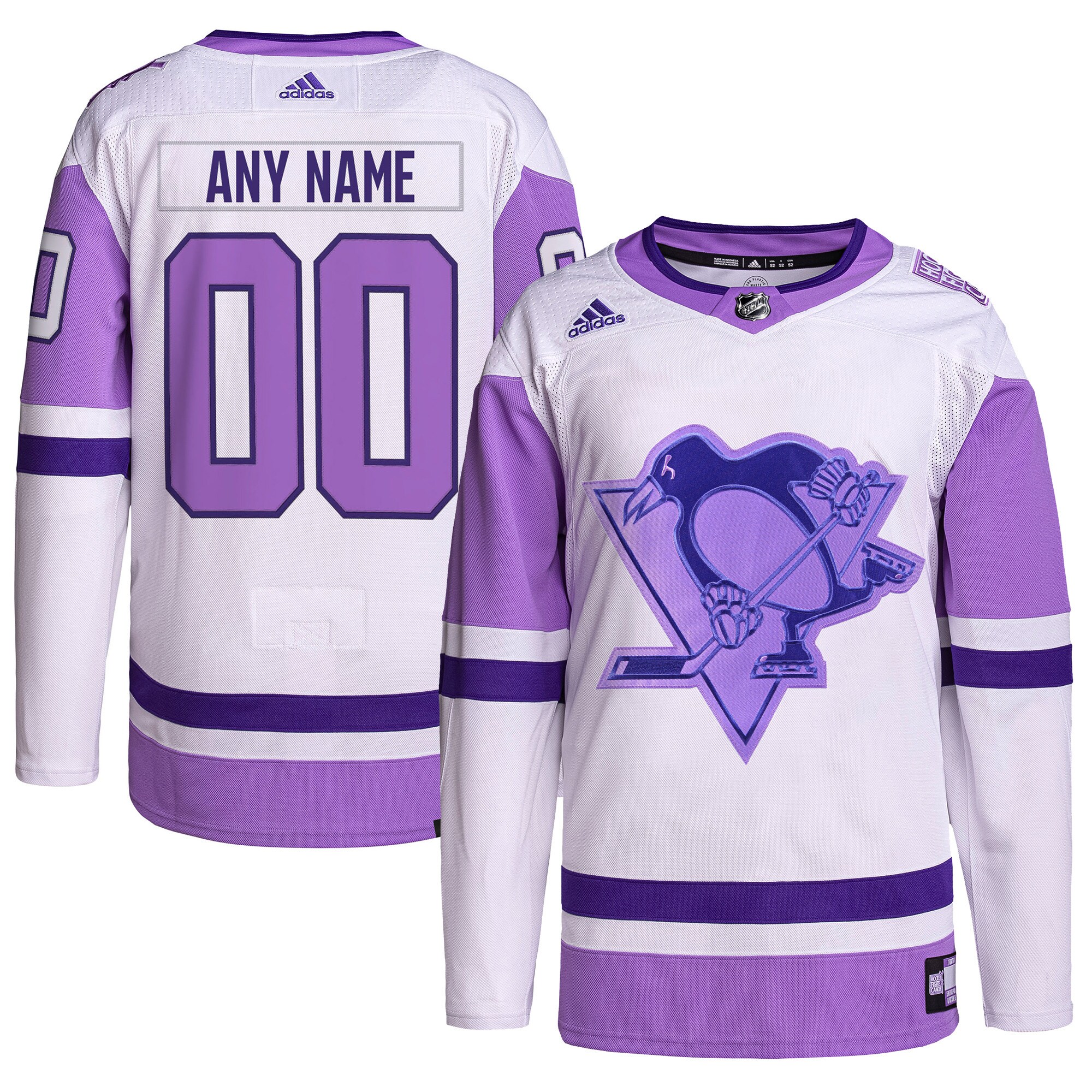 Pittsburgh Penguins adidas Hockey Fights Cancer Primegreen Authentic Custom Jersey - White/Purple - vstockx