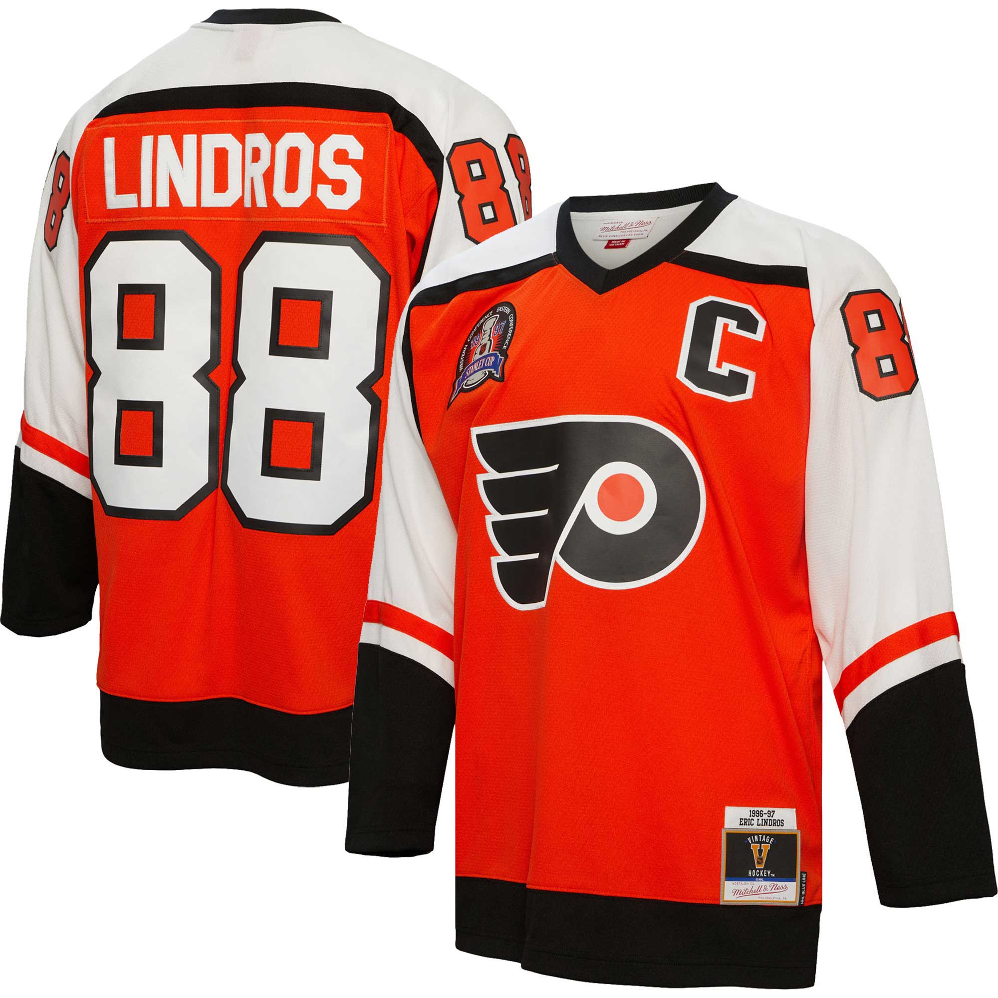 Eric Lindros Philadelphia Flyers Mitchell & Ness 1996/97 Captain Patch Blue Line Player Jersey - Orange - vstockx