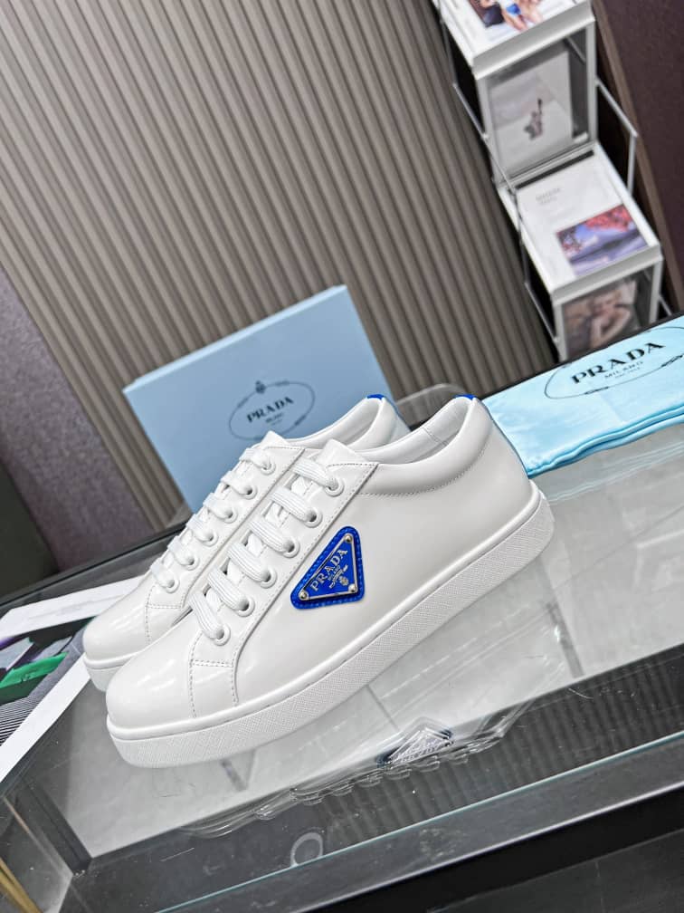 Prada Brushed Sneakers Leather White White Cobalt Blue - vstockx