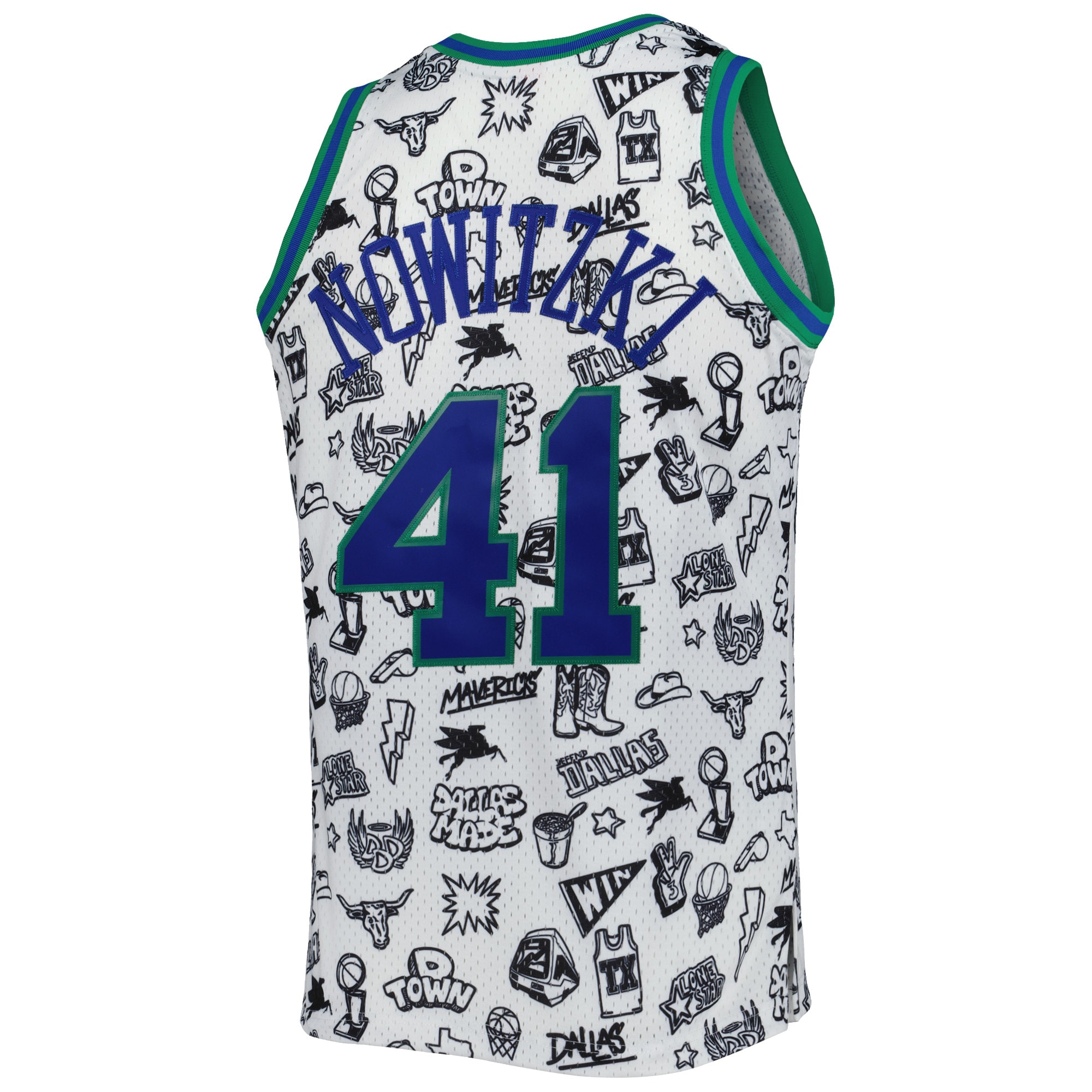 Dirk Nowitzki Dallas Mavericks Mitchell & Ness 1998/99 Hardwood Classics Doodle Swingman Jersey - White - vstockx