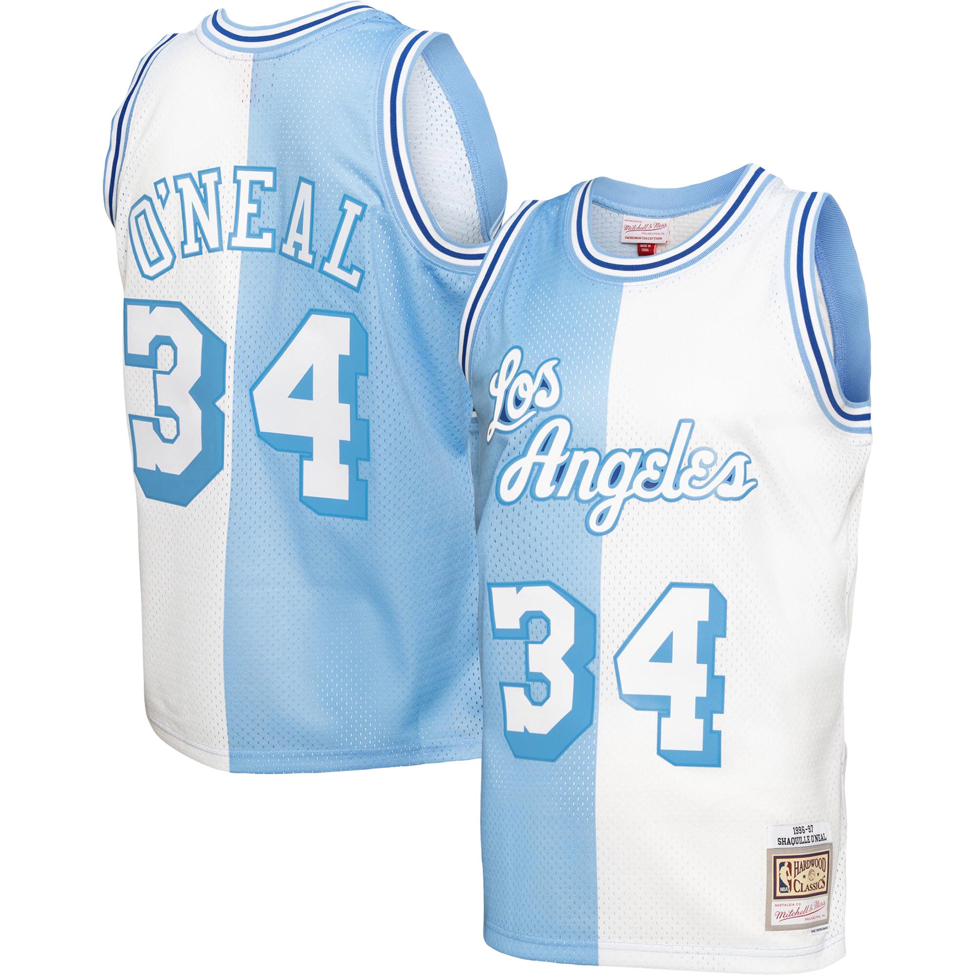 Shaquille O'Neal Los Angeles Lakers Mitchell & Ness Big & Tall Hardwood Classics 1996/97 Split Swingman Jersey - Powder Blue/White - vstockx