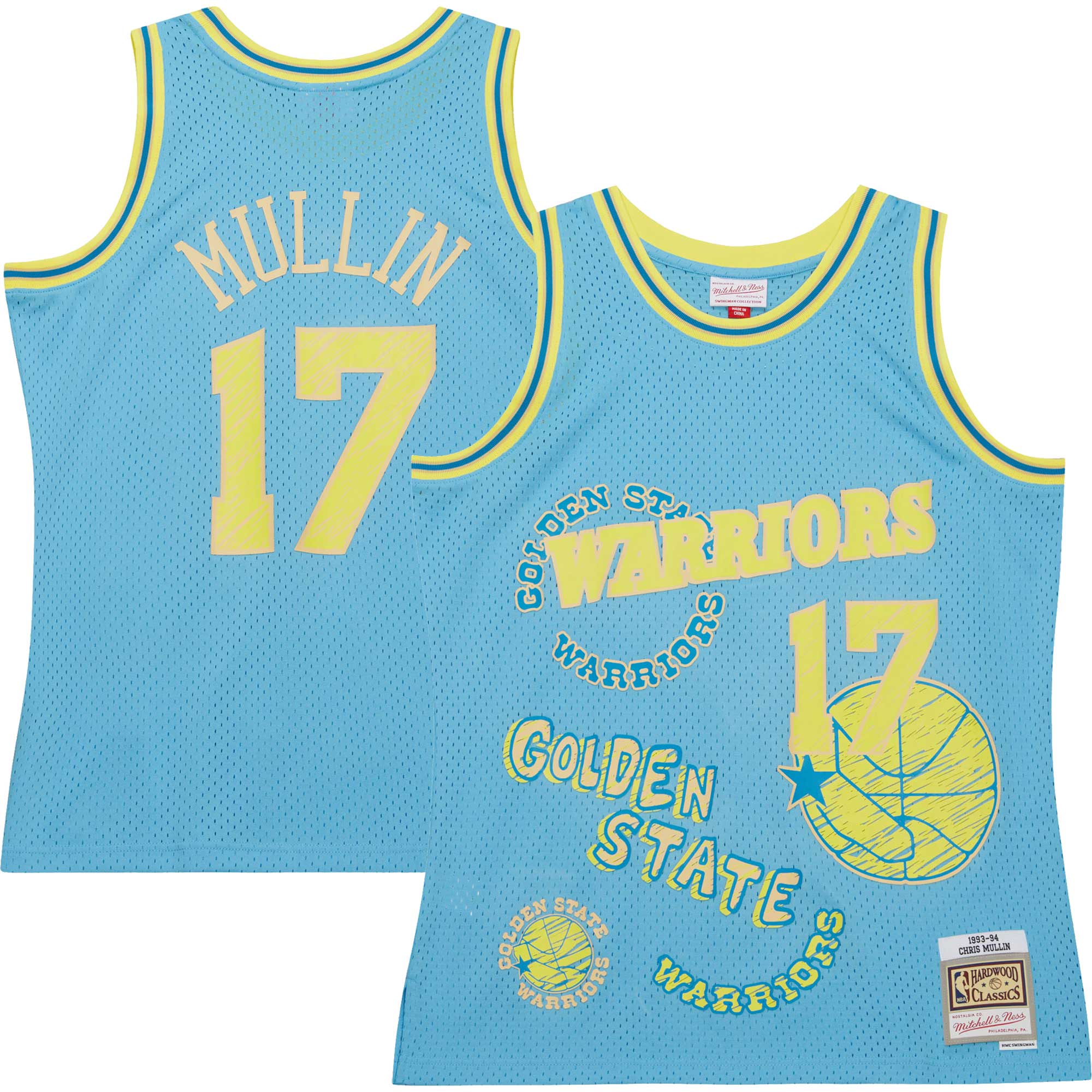 Chris Mullin Golden State Warriors Mitchell & Ness 1993/94 Swingman Sidewalk Sketch Jersey - Light Blue - vstockx