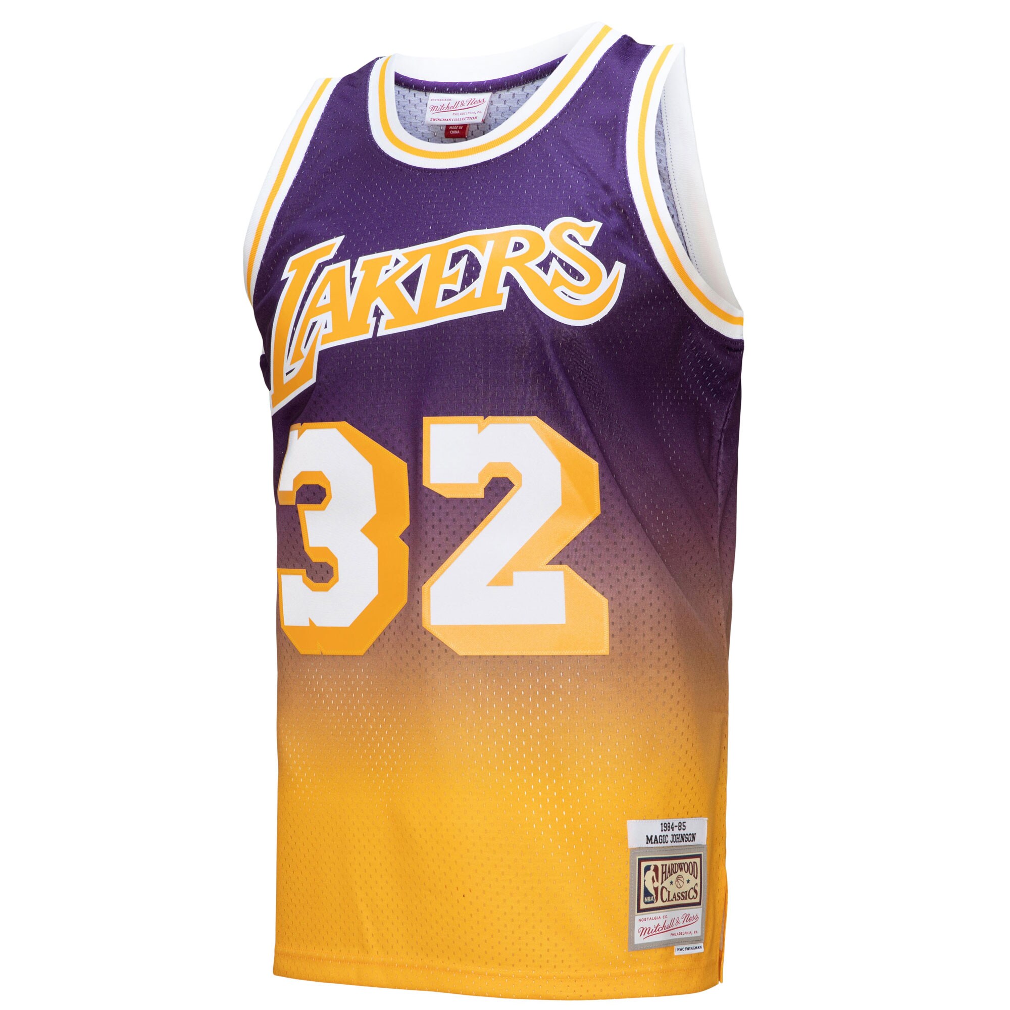Magic Johnson Los Angeles Lakers Mitchell & Ness 1984/85 Hardwood Classics Fadeaway Swingman Player Jersey - Gold/Purple - vstockx
