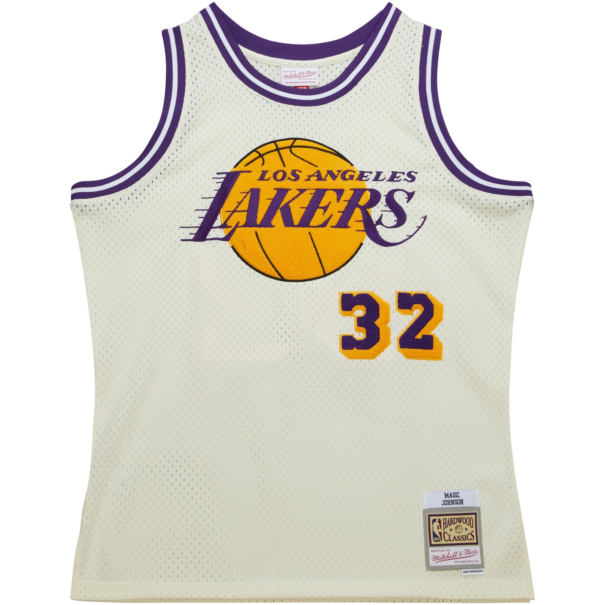 Magic Johnson Los Angeles Lakers Mitchell & Ness Chainstitch Swingman Jersey - Cream - vstockx