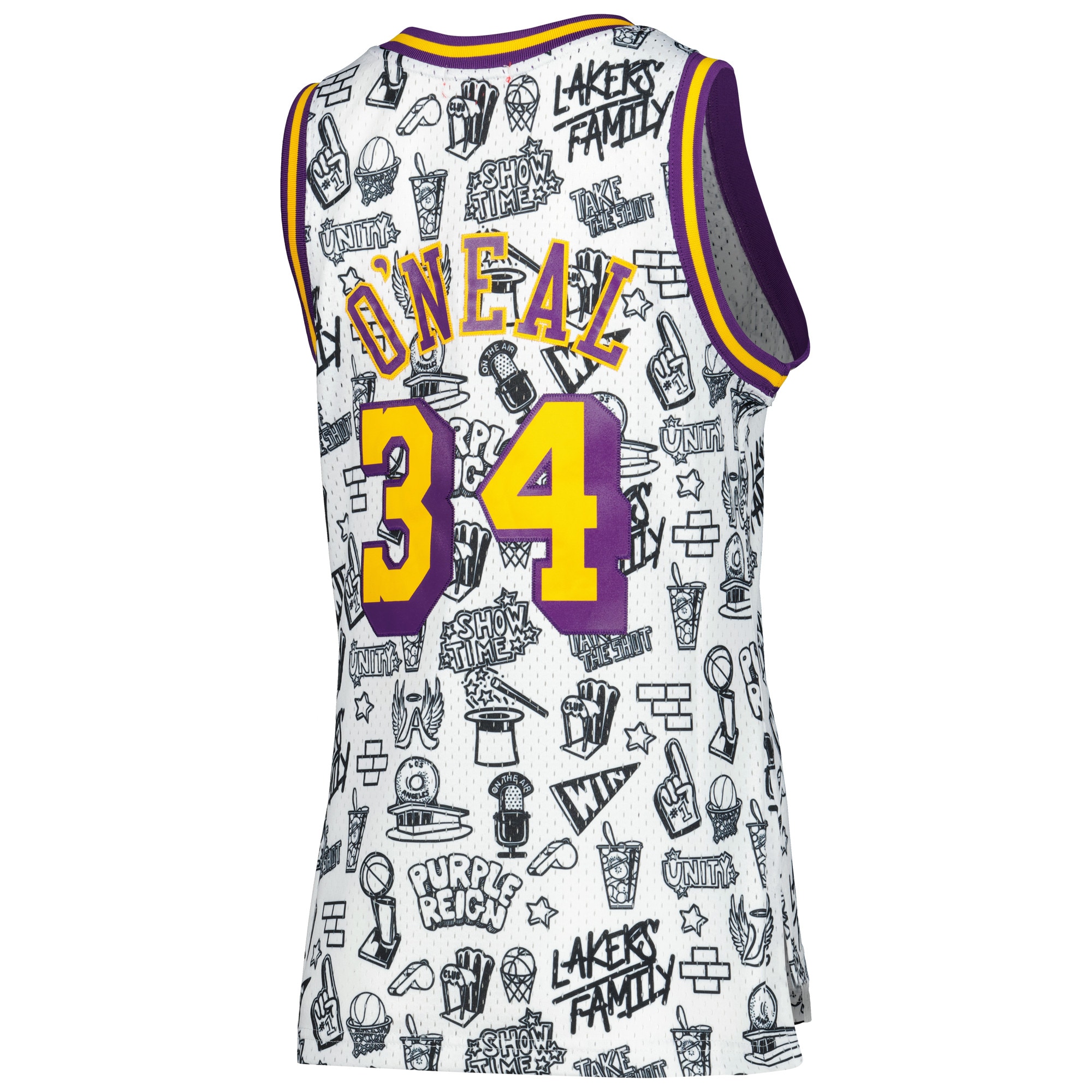 Shaquille O'Neal Los Angeles Lakers Mitchell & Ness Women's 1996 Doodle Swingman Jersey - White - vstockx