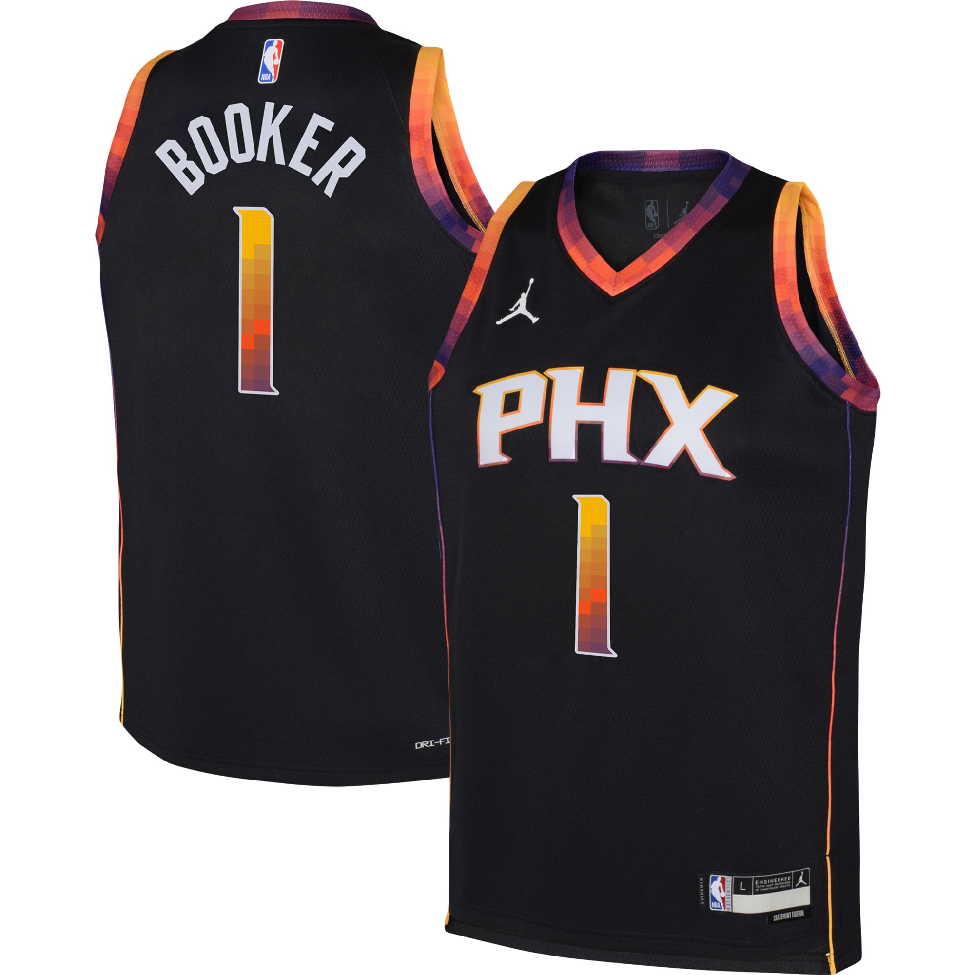 Devin Booker Phoenix Suns Jordans Brand Youth Swingman Jersey - Statement Edition - Black - vstockx