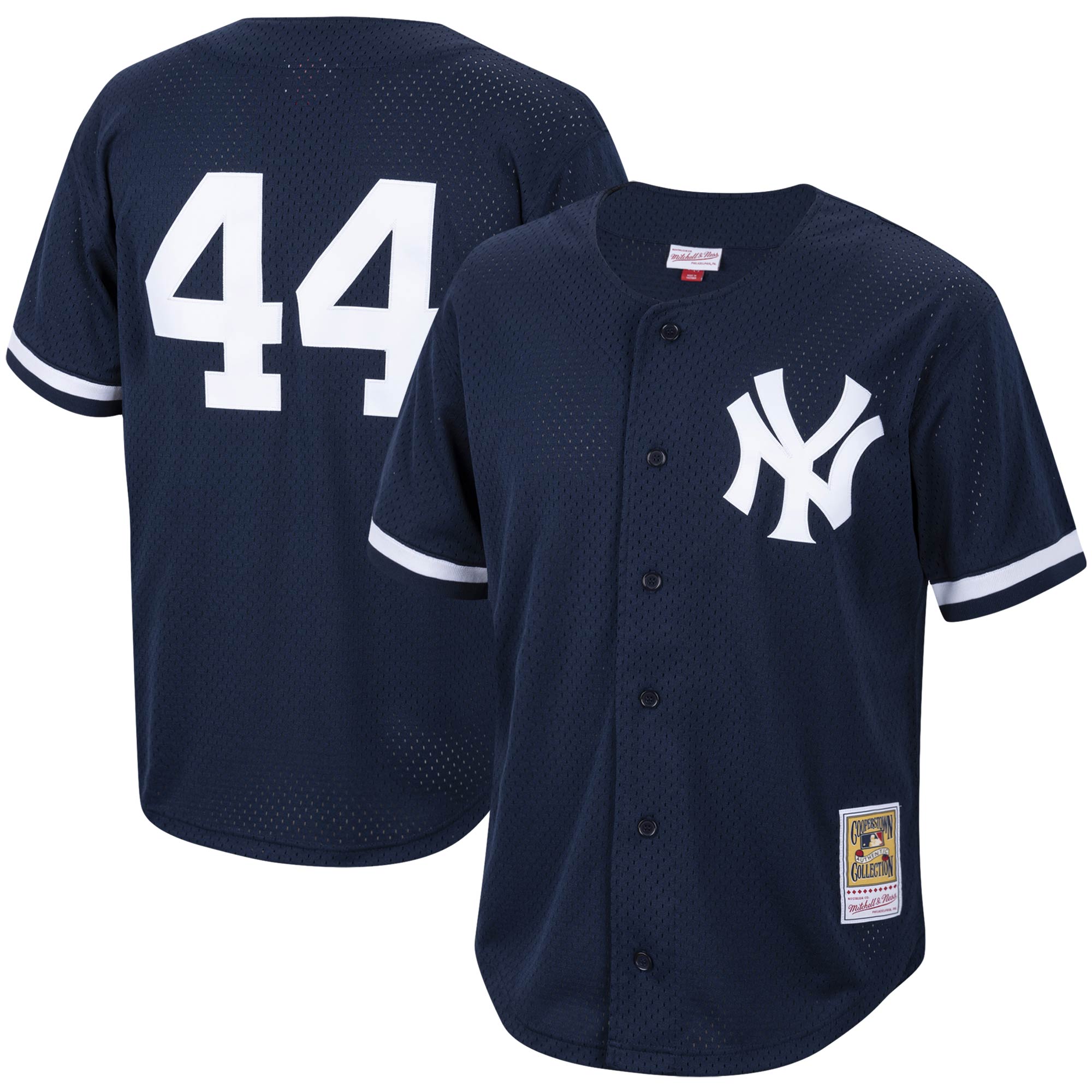 Reggie Jackson New York Yankees Mitchell & Ness Cooperstown Collection Mesh Batting Practice Button-Up Jersey - Navy - vstockx