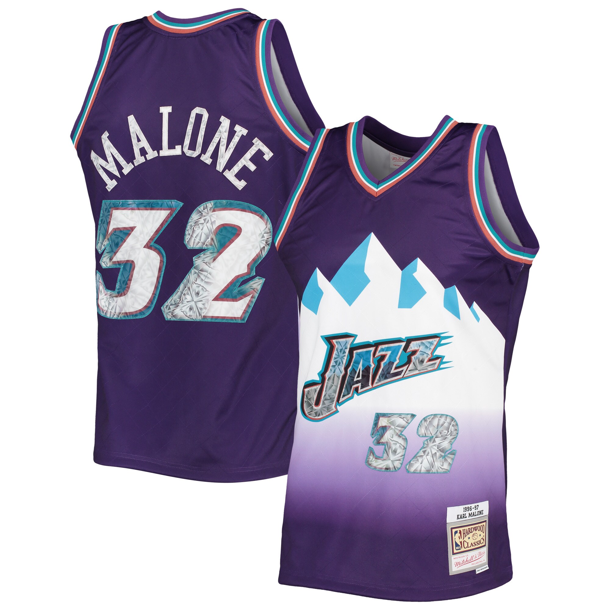 Karl Malone Utah Jazz Mitchell & Ness 1996-97 Hardwood Classics NBA 75th Anniversary Diamond Swingman Jersey - Purple - vstockx