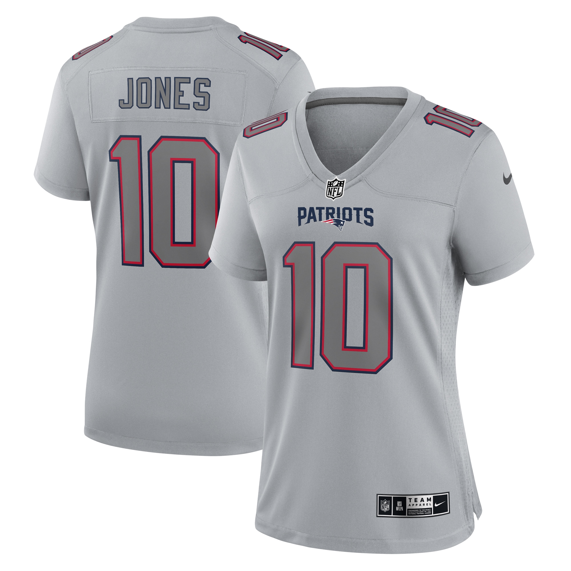 Mac Jones New England Patriots Nike Women's Atmosphere Fashion Game Jersey - Gray - vstockx