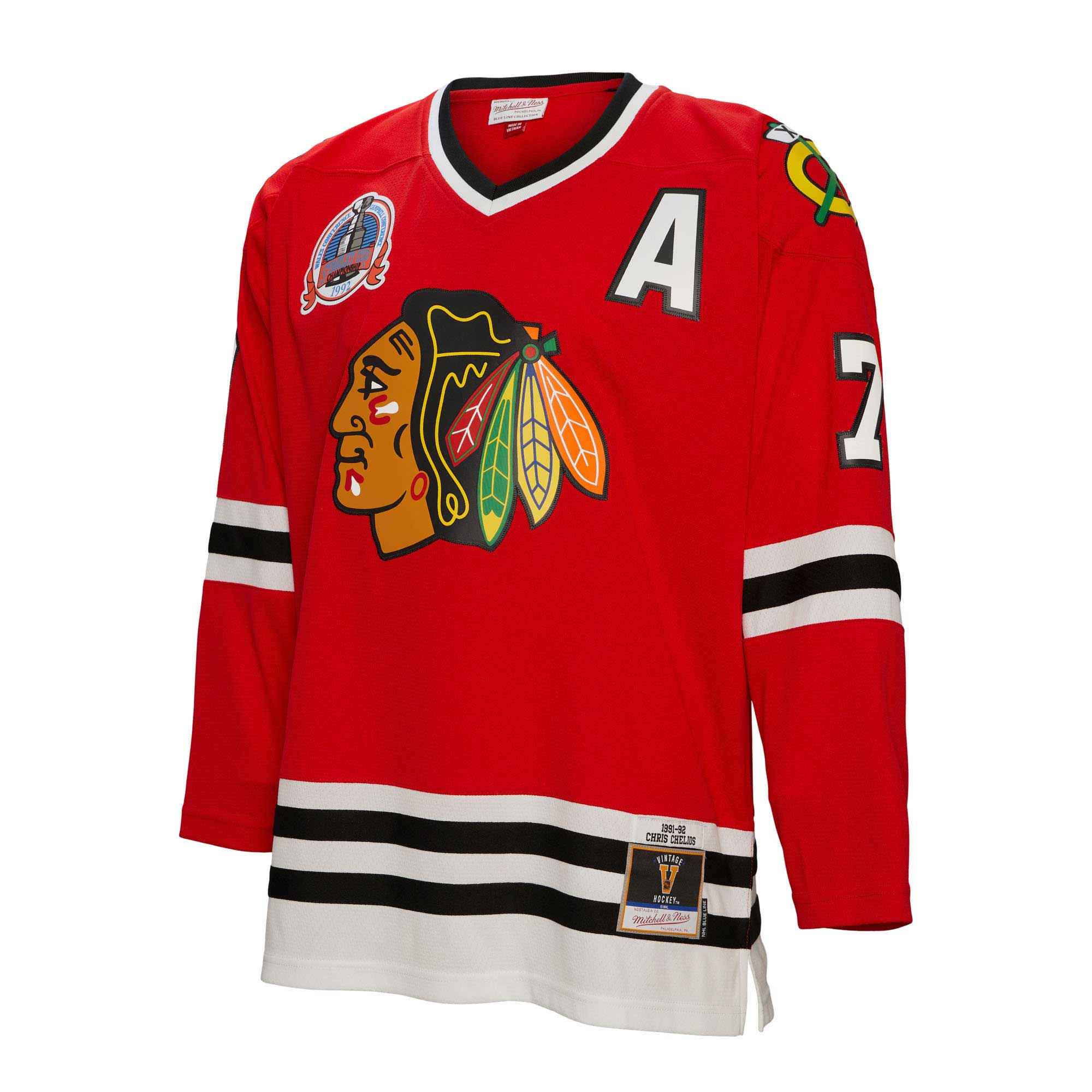 Chris Chelios Chicago Blackhawks Mitchell & Ness 1991/92 Alternate Captain Patch Blue Line Player Jersey - Red - vstockx