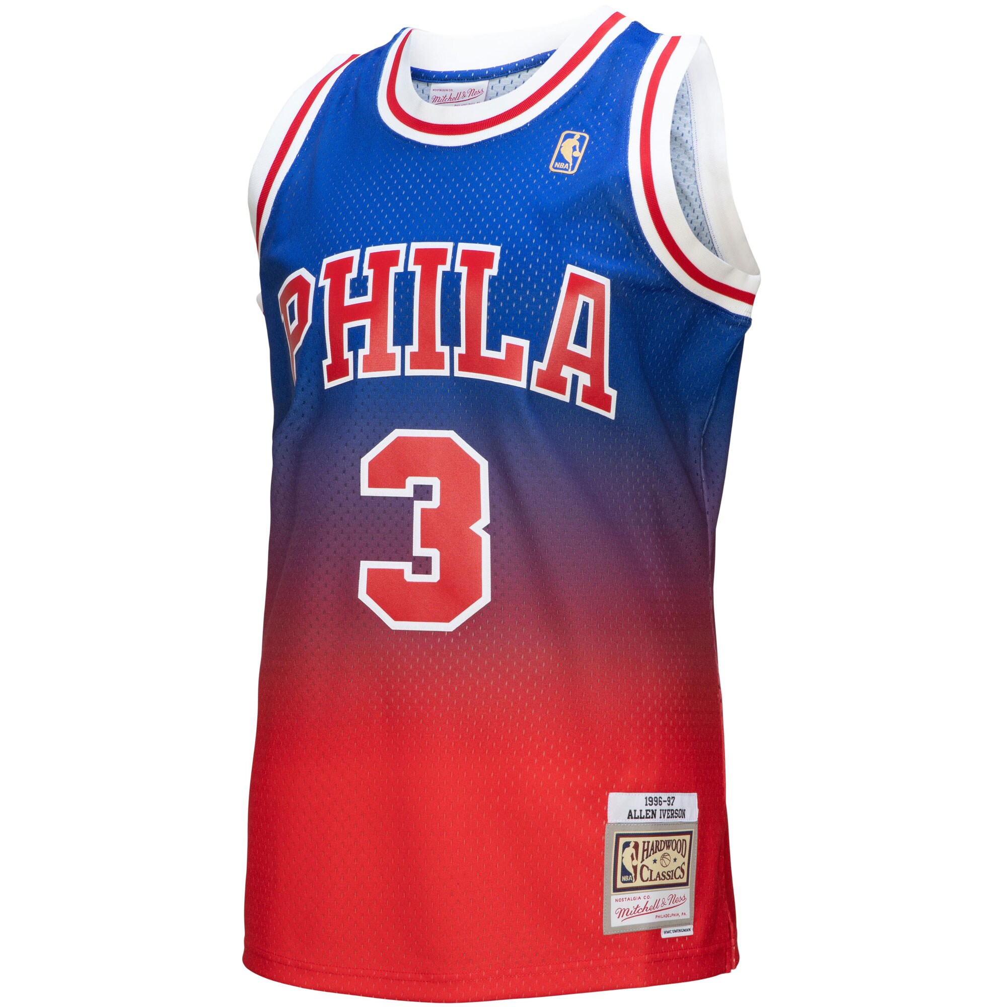 Allen Iverson Philadelphia 76ers Mitchell & Ness 1996/97 Hardwood Classics Fadeaway Swingman Player Jersey - Red/Royal - vstockx