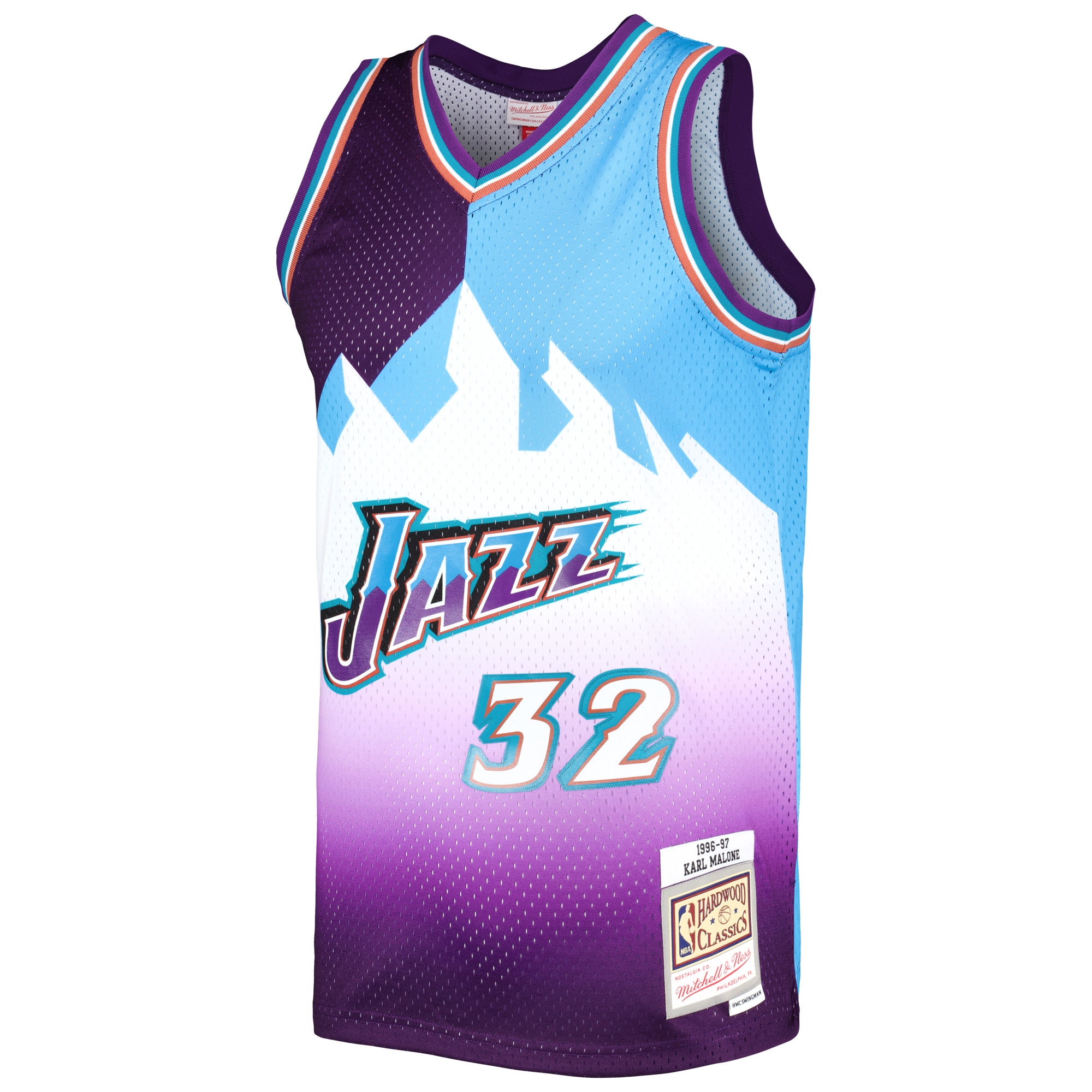 Karl Malone Utah Jazz Mitchell & Ness Hardwood Classics 1996/97 Split Swingman Jersey - Purple/Turquoise - vstockx