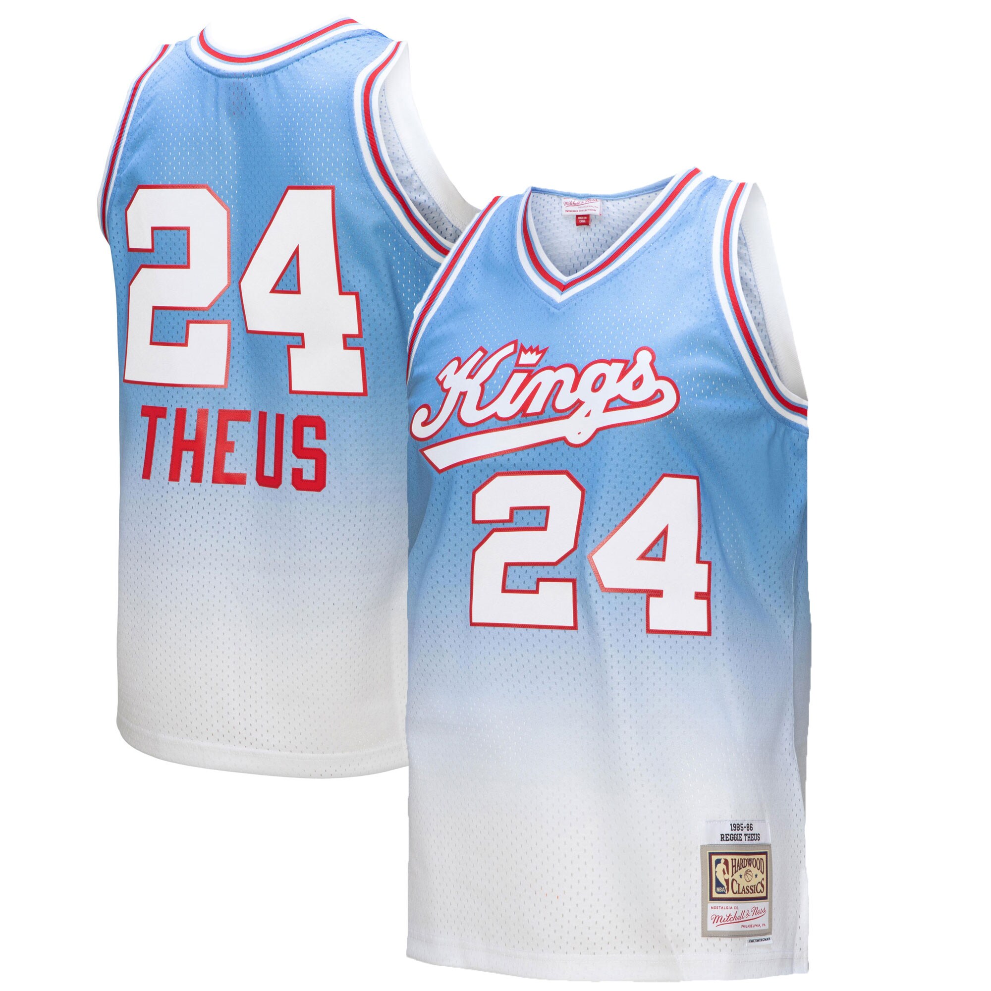 Reggie Theus Sacramento Kings Mitchell & Ness 1985/86 Hardwood Classics Fadeaway Swingman Player Jersey - White/Light Blue - vstockx