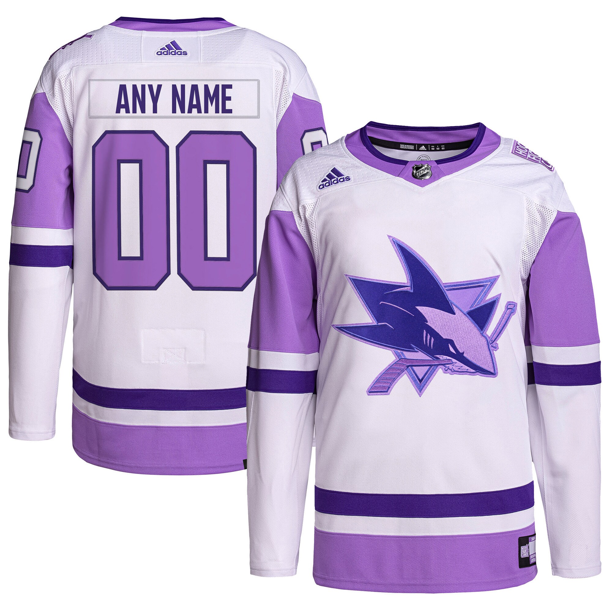 San Jose Sharks adidas Hockey Fights Cancer Primegreen Authentic Custom Jersey - White/Purple - vstockx