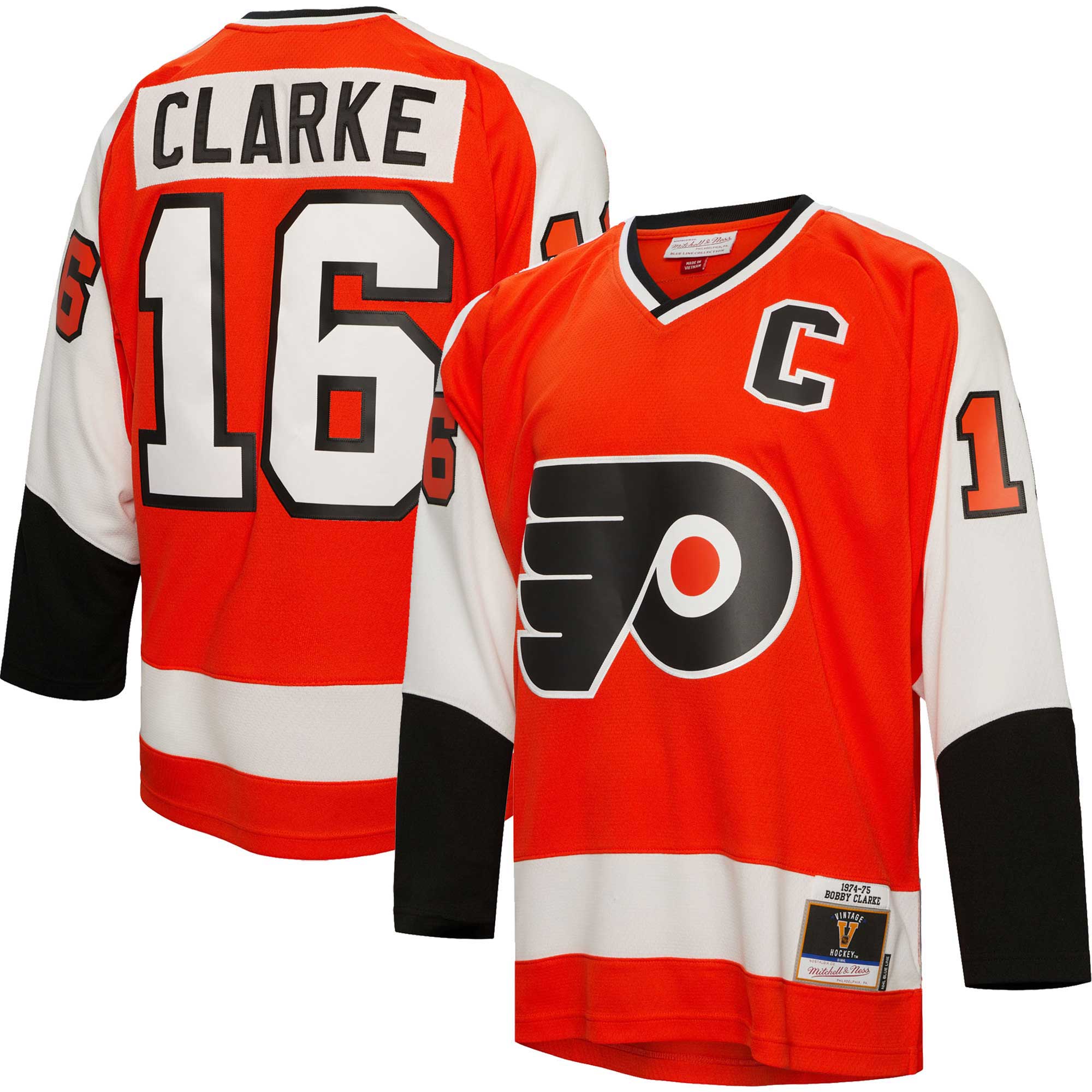 Bobby Clarke Philadelphia Flyers Mitchell & Ness 1974/75 Captain Patch Blue Line Player Jersey - Orange - vstockx