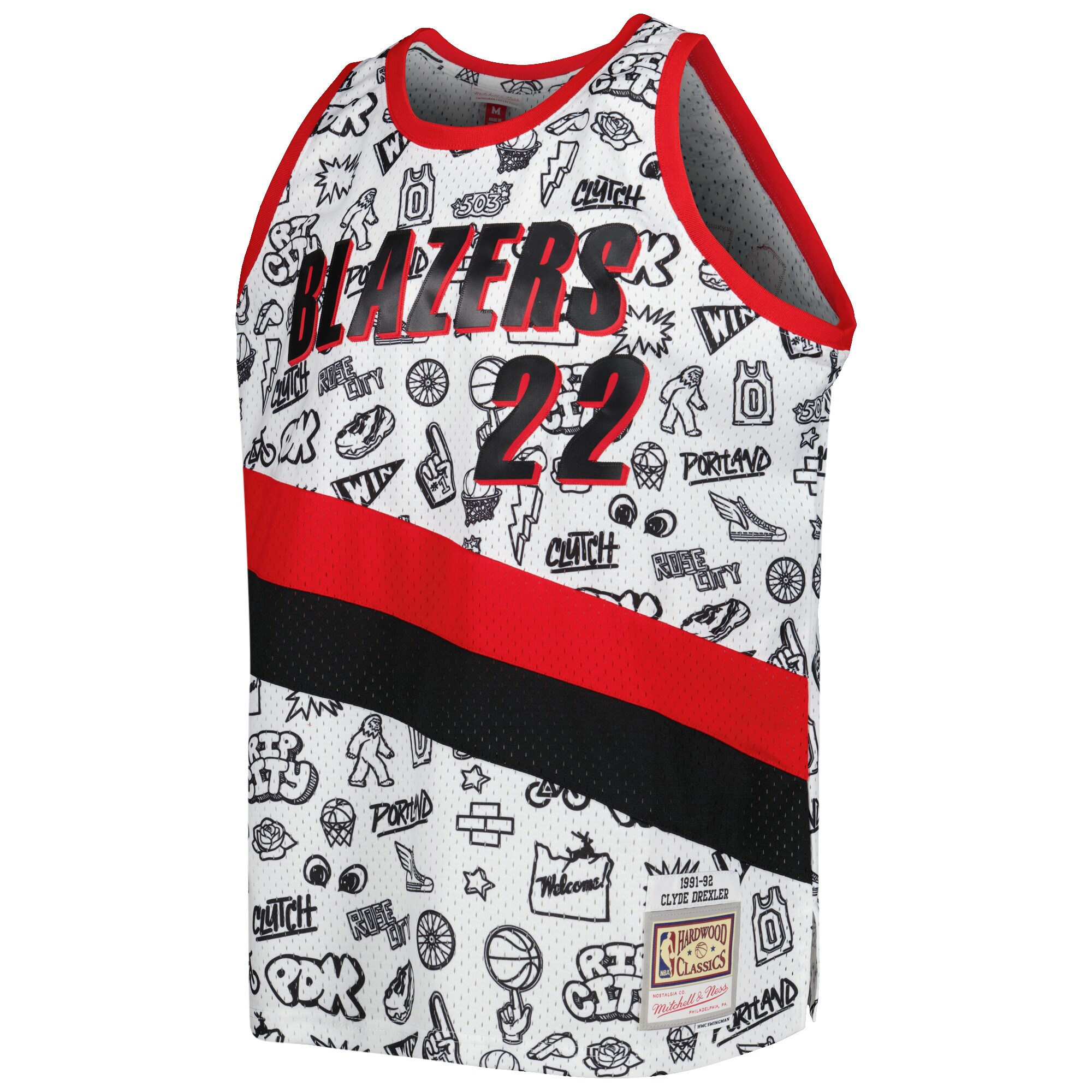 Clyde Drexler Portland Trail Blazers Mitchell & Ness 1991/92 Hardwood Classics Doodle Swingman Player Jersey - White - vstockx