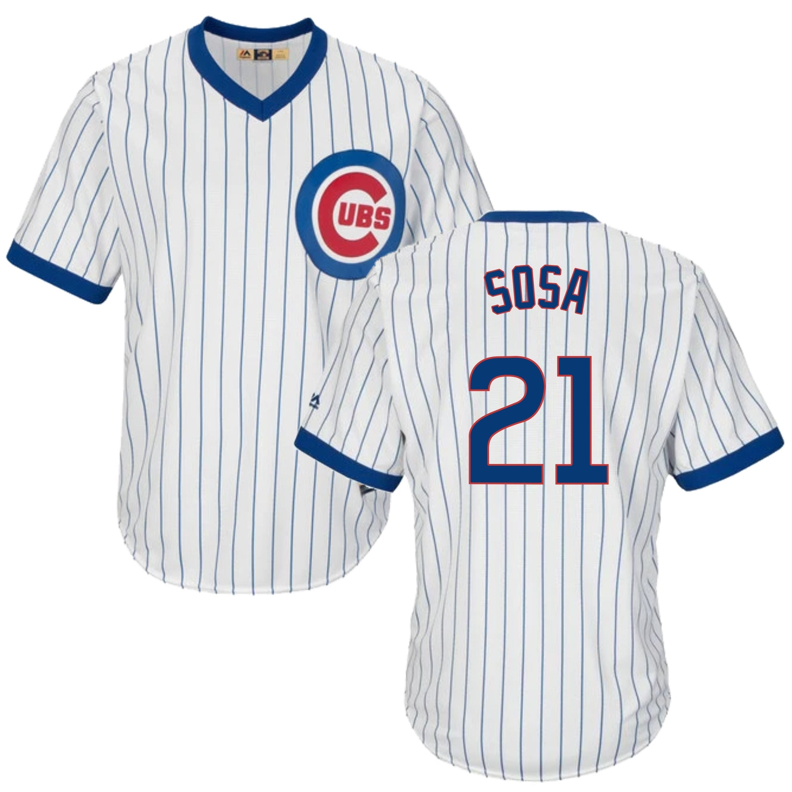 Sammy Sosa Chicago Cubs Cooperstown White Pinstripe V-Neck Home Men's Jersey - vstockx