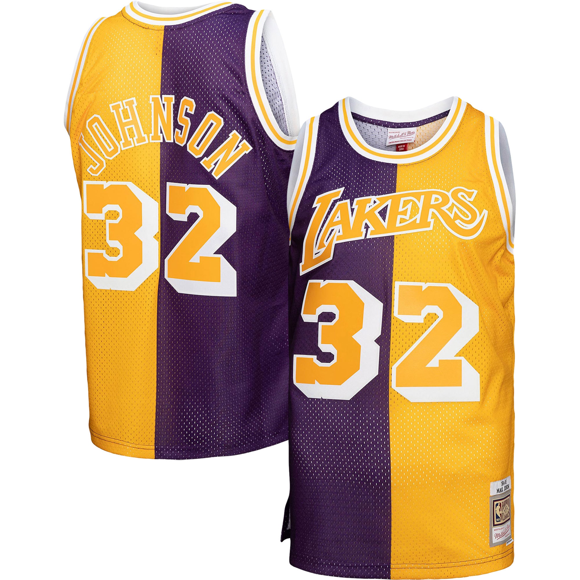 Magic Johnson Los Angeles Lakers Mitchell & Ness Big & Tall Hardwood Classics 1984/85 Split Swingman Jersey - Purple/Gold - vstockx