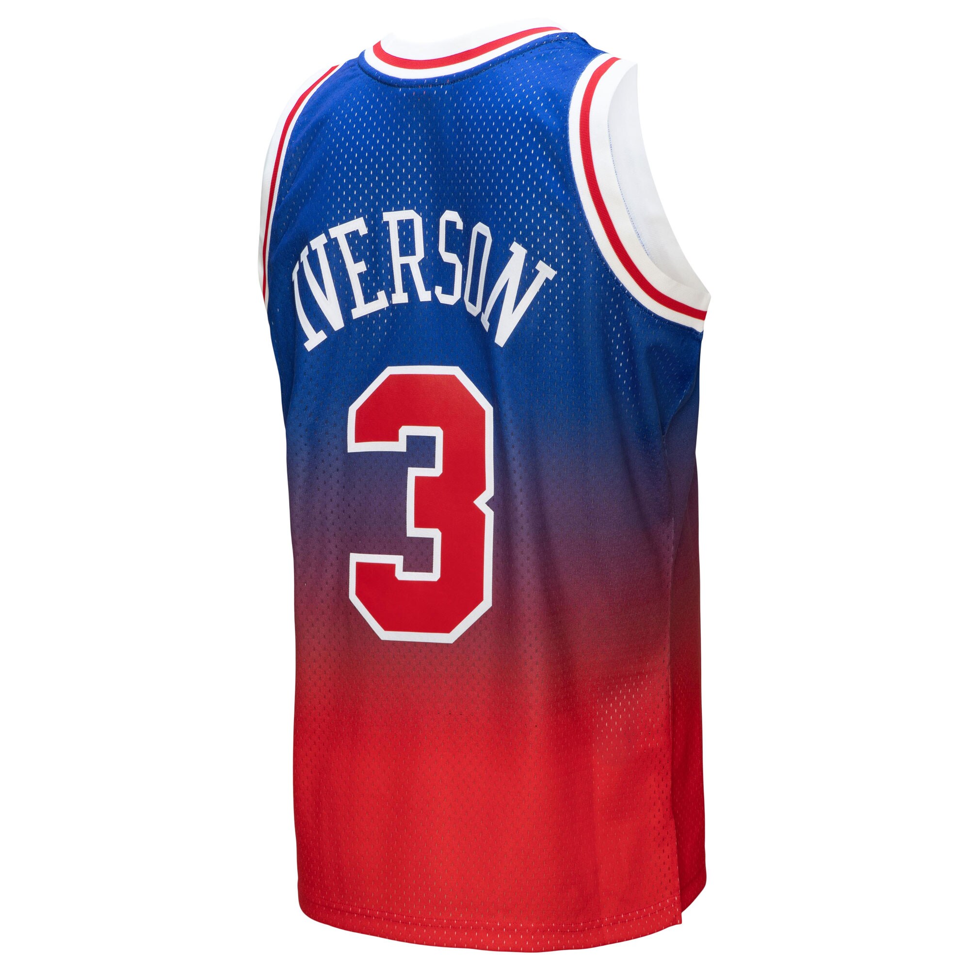 Allen Iverson Philadelphia 76ers Mitchell & Ness 1996/97 Hardwood Classics Fadeaway Swingman Player Jersey - Red/Royal - vstockx