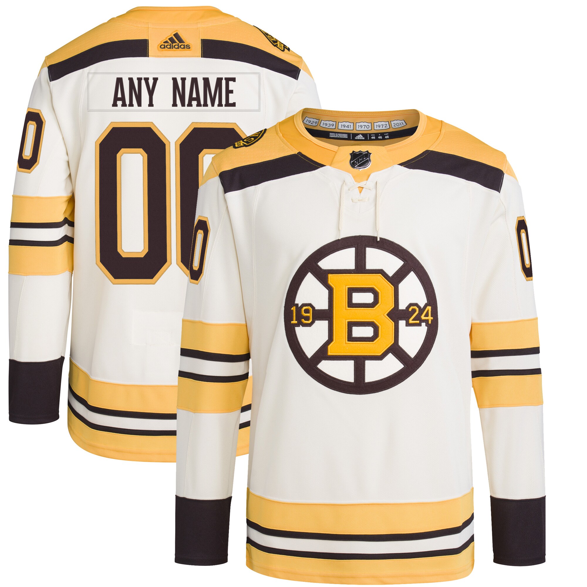 Boston Bruins adidas 100th Anniversary Primegreen Authentic Custom Jersey - Cream - vstockx