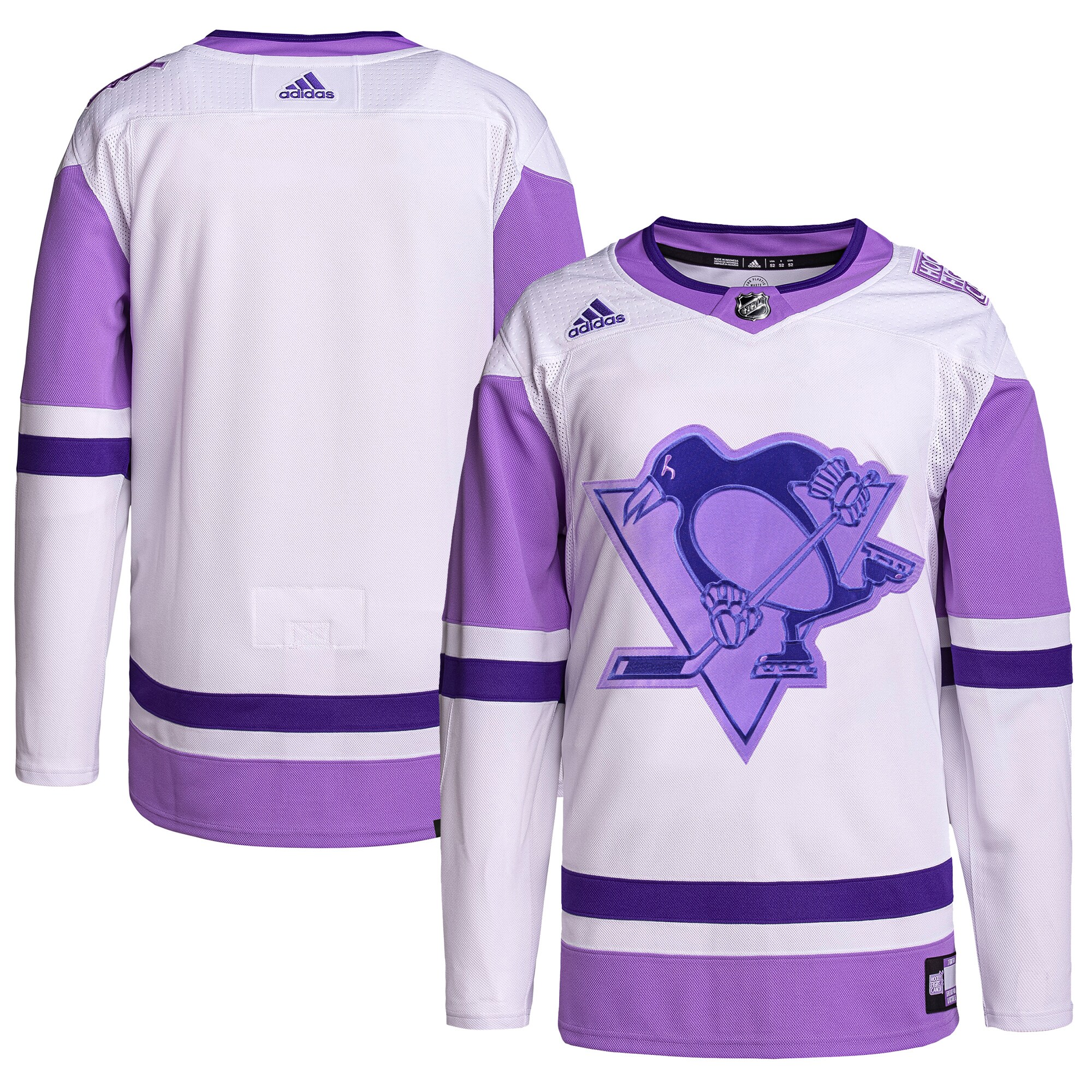 Pittsburgh Penguins adidas Hockey Fights Cancer Primegreen Authentic Blank Practice Jersey - White/Purple - vstockx