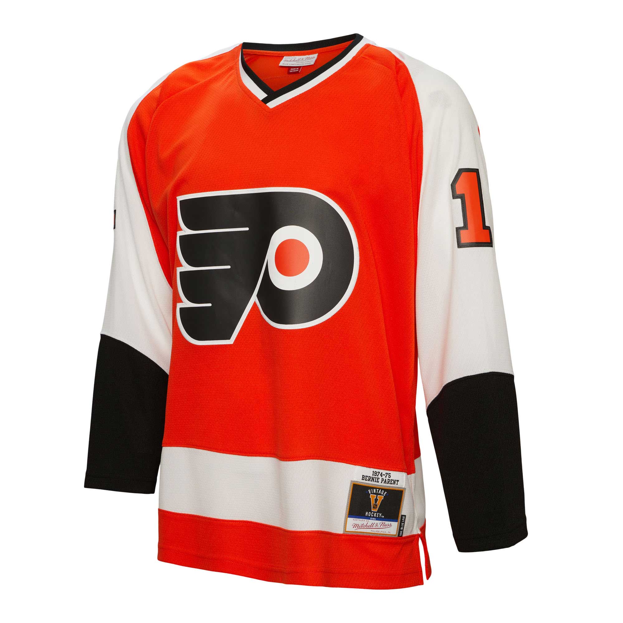 Bernie Parent Philadelphia Flyers Mitchell & Ness 1974/75 Blue Line Player Jersey - Orange - vstockx