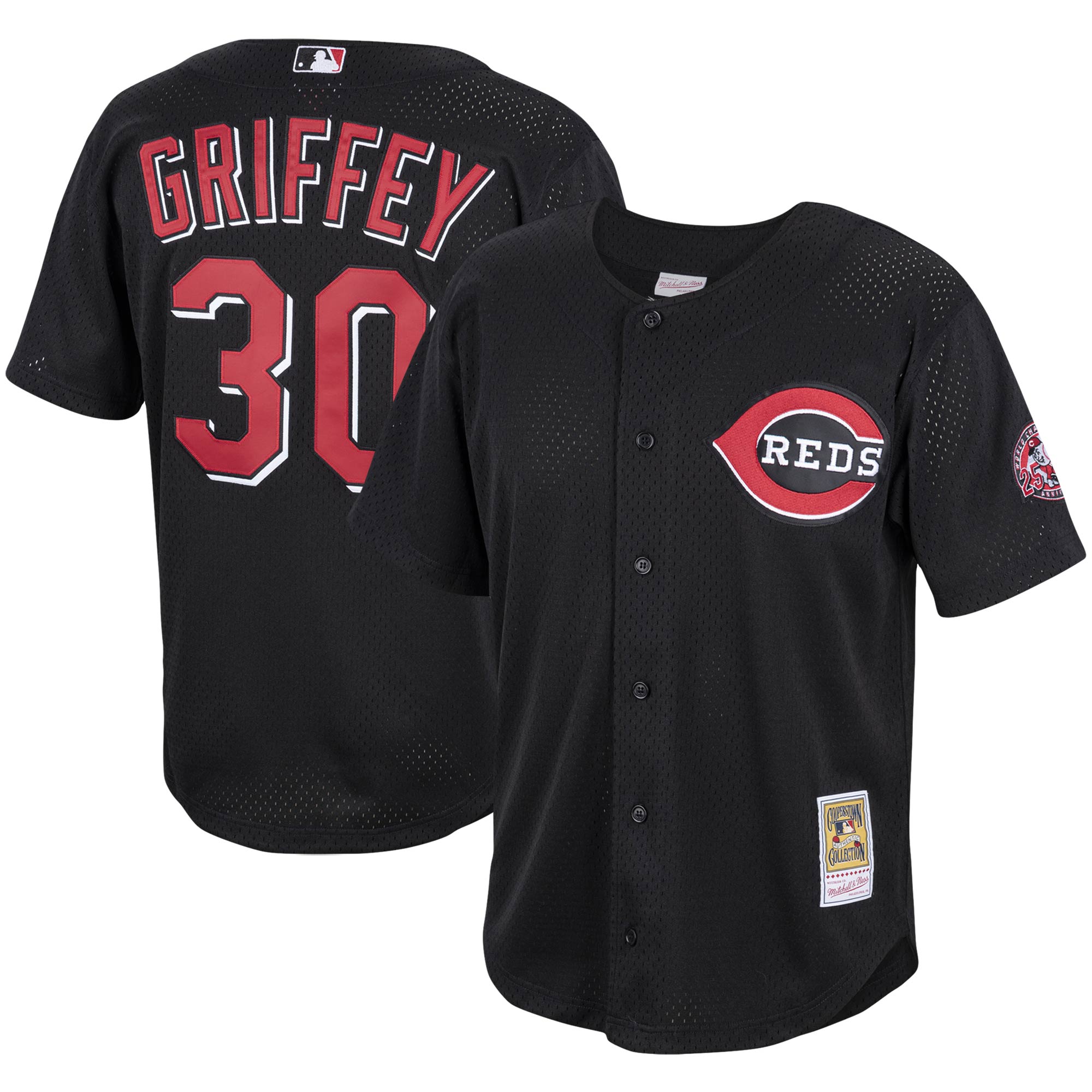 Ken Griffey Jr. Cincinnati Reds Mitchell & Ness Cooperstown Collection Mesh Batting Practice Button-Up Jersey - Black - vstockx
