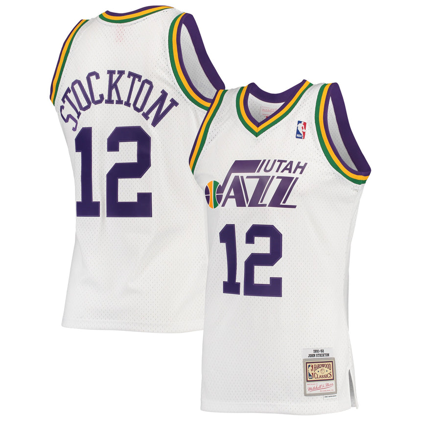 Men's Mitchell & Ness John Stockton Utah Jazz White 1991-92 Hardwood Classics Swingman Jersey - vstockx