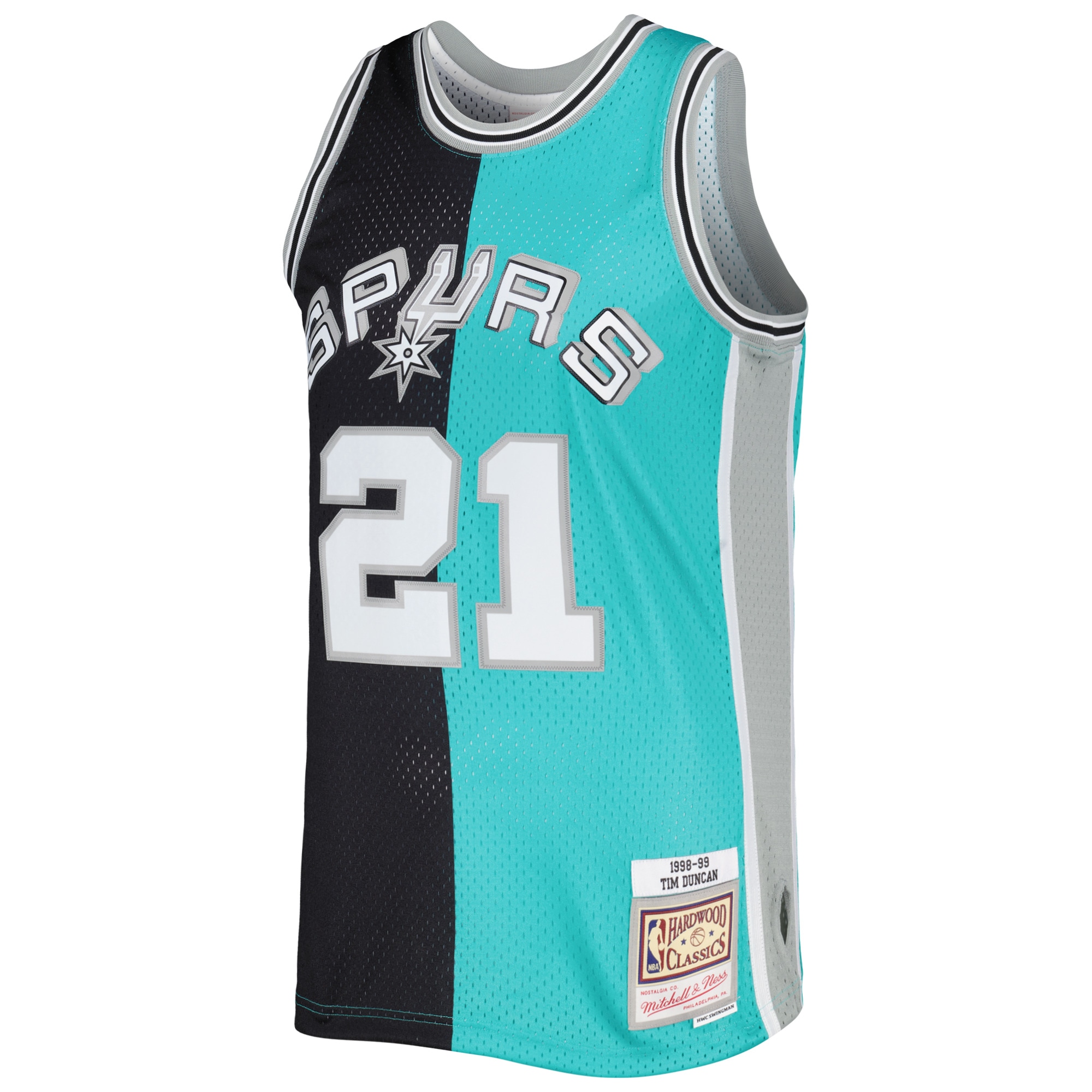 Tim Duncan San Antonio Spurs Mitchell & Ness Hardwood Classics 1998/99 Split Swingman Jersey - Black/Teal - vstockx